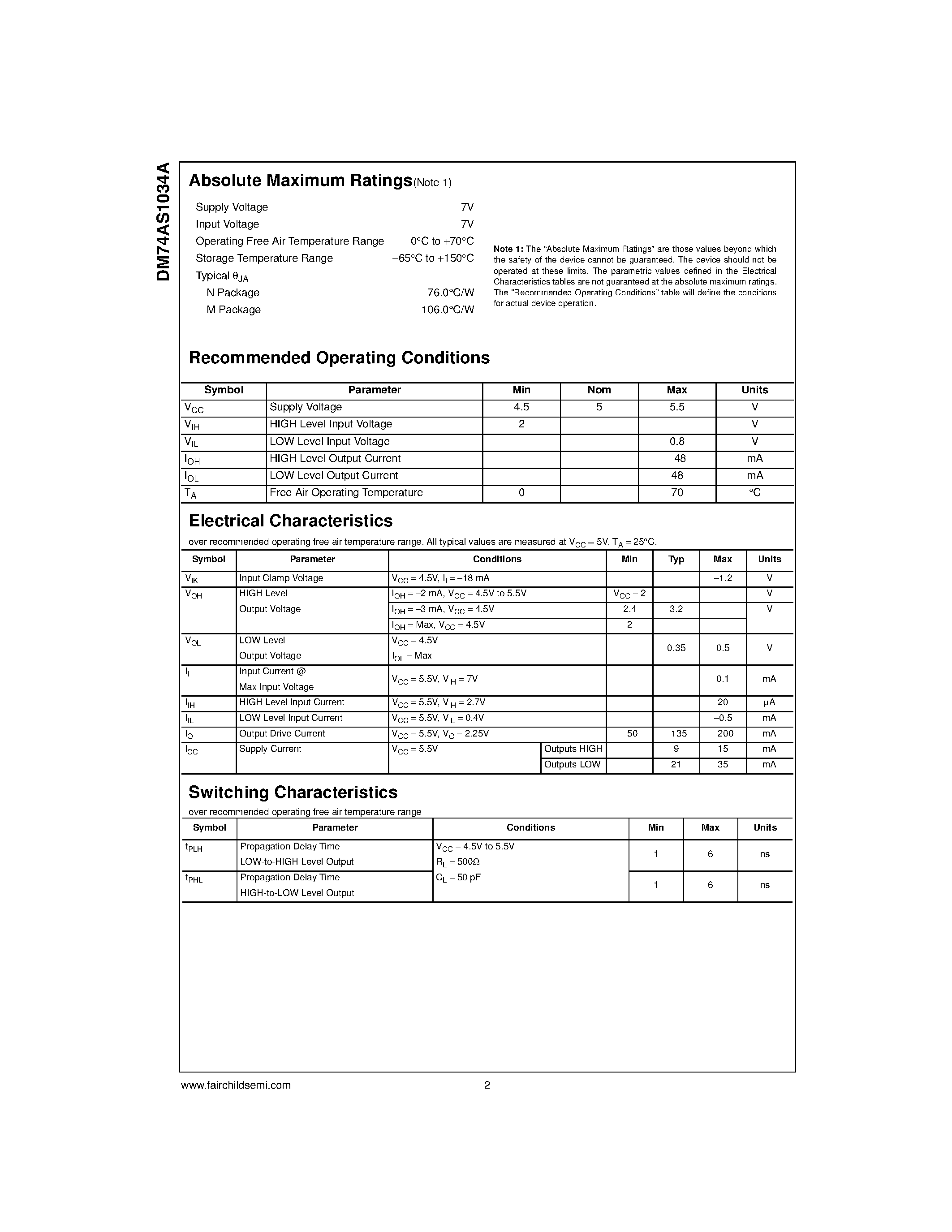 Datasheet DM74AS1034 - Hex Non-Inverting Driver page 2