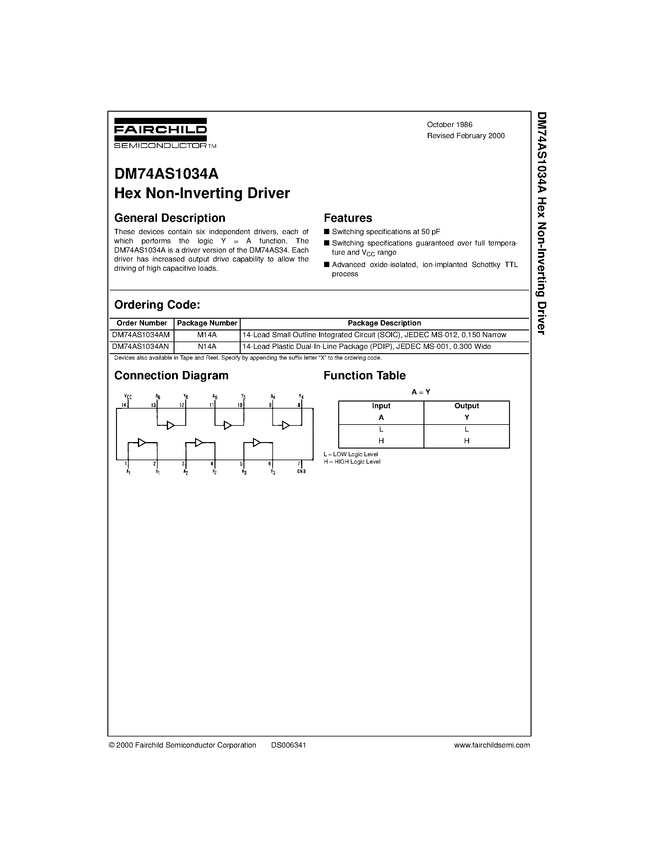 Datasheet DM74AS1034AN - Hex Non-Inverting Driver page 1