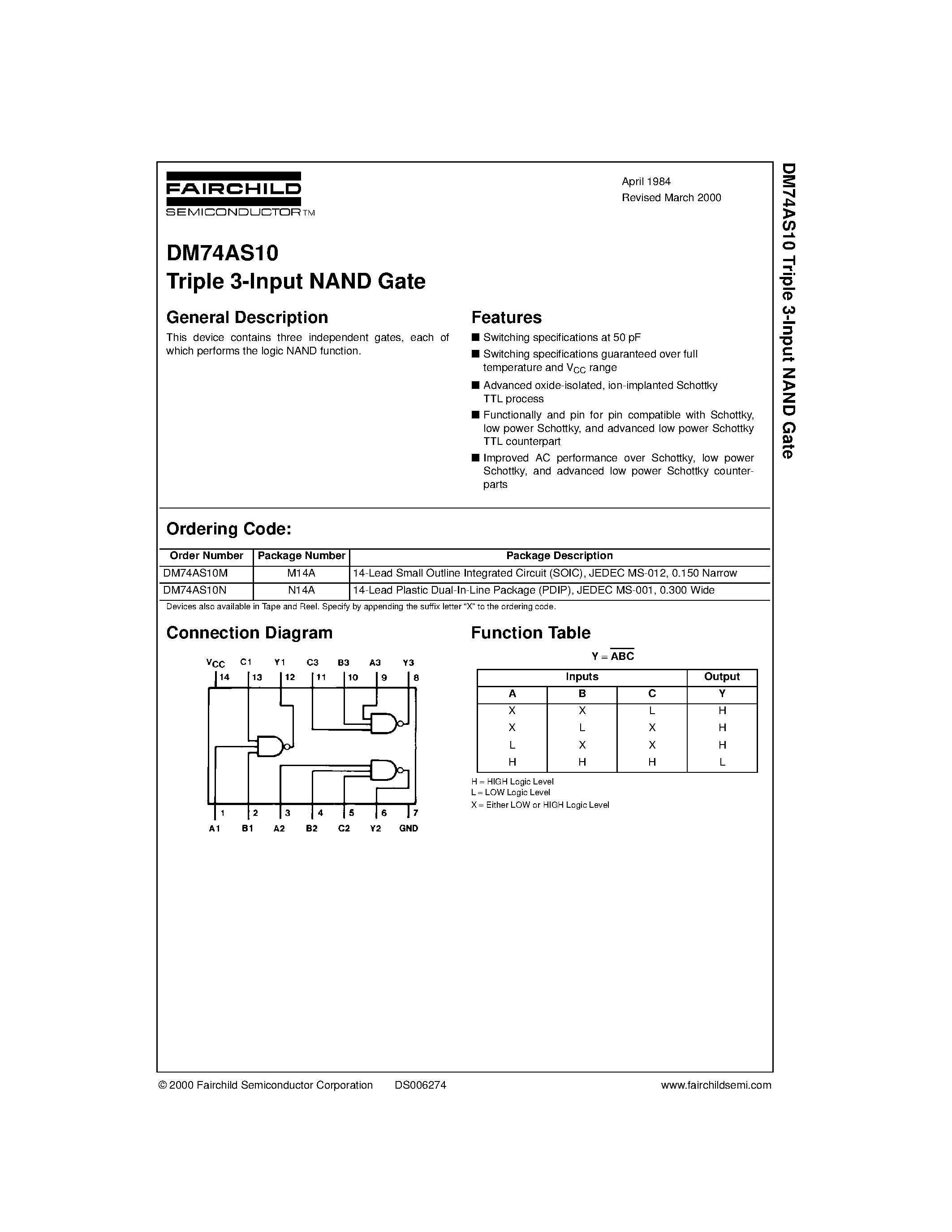 Datasheet DM74AS10N - Triple 3-Input NAND Gate page 1