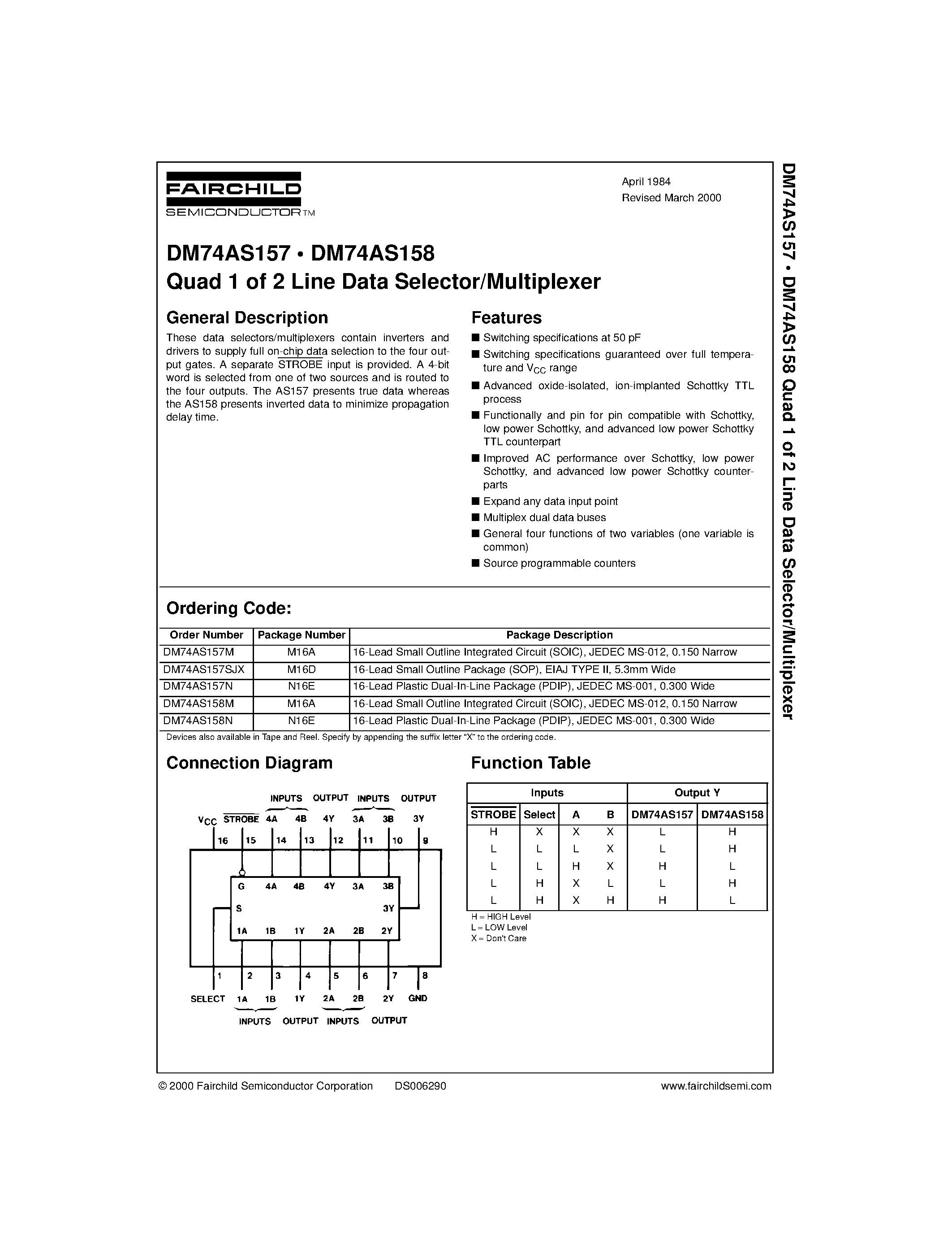 Datasheet DM74AS157SJX - Quad 1 of 2 Line Data Selector/Multiplexer page 1