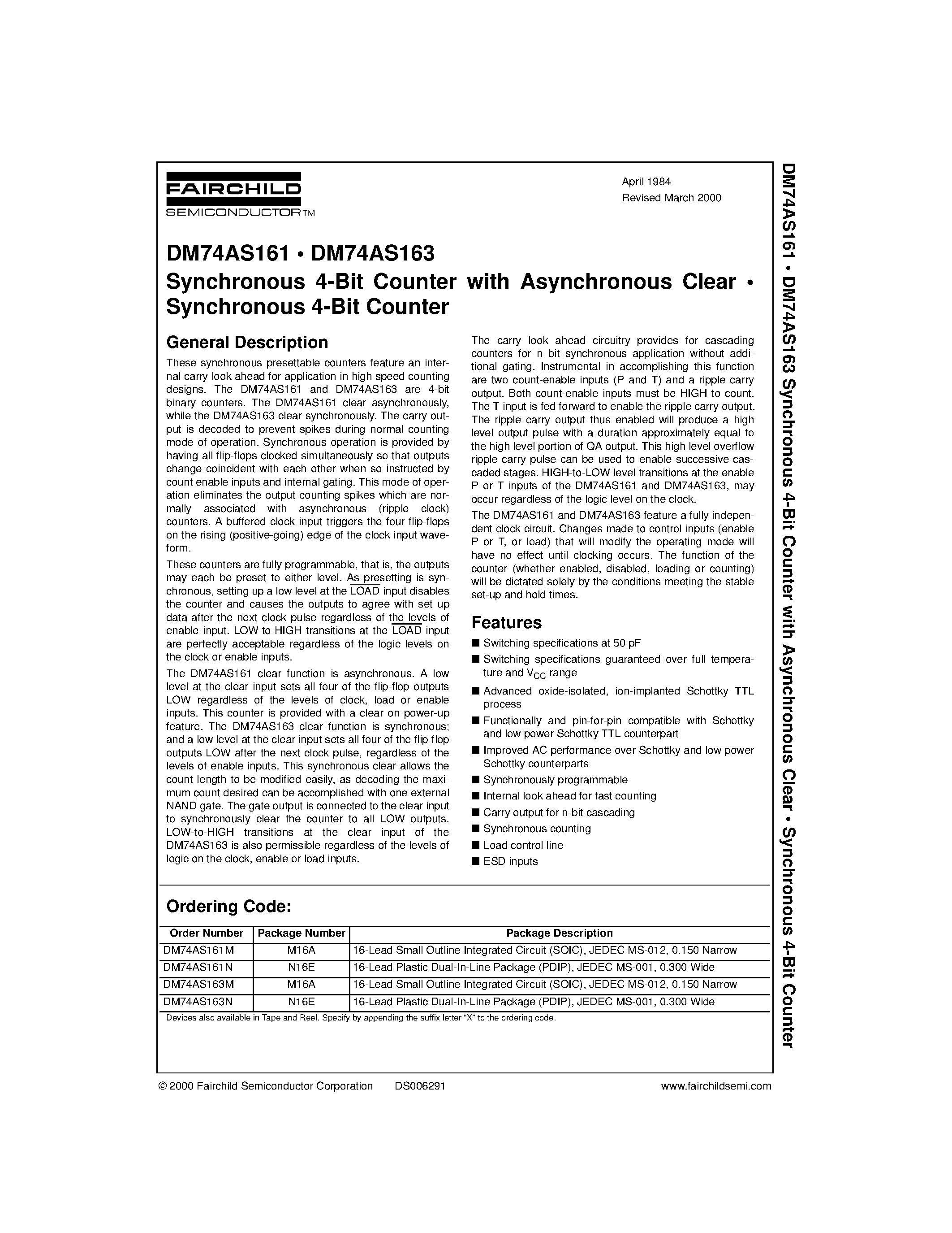 Datasheet DM74AS161M - Synchronous 4-Bit Counter with Asynchronous Clear . Synchronous 4-Bit Counter page 1