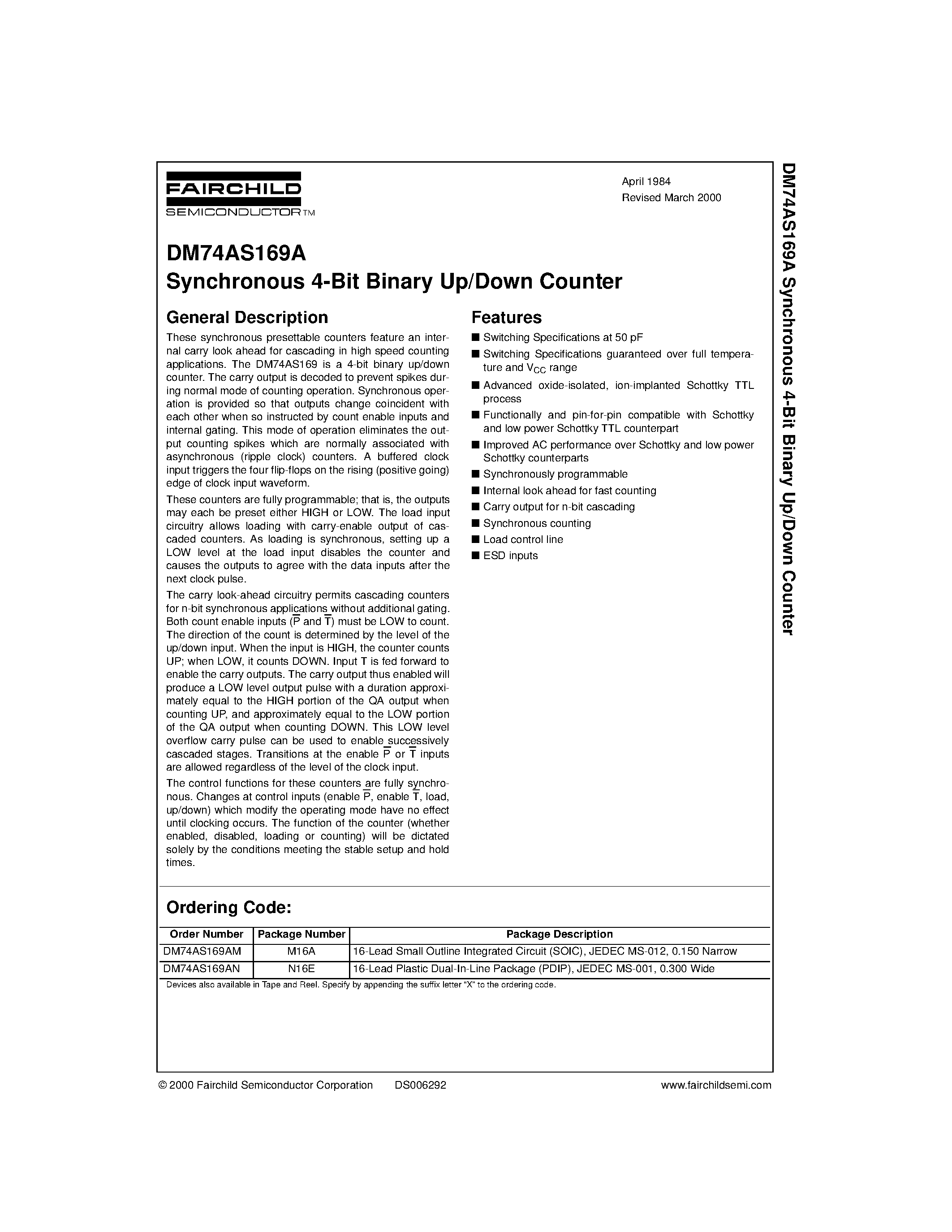 Datasheet DM74AS169A - Synchronous 4-Bit Binary Up/Down Counter page 1