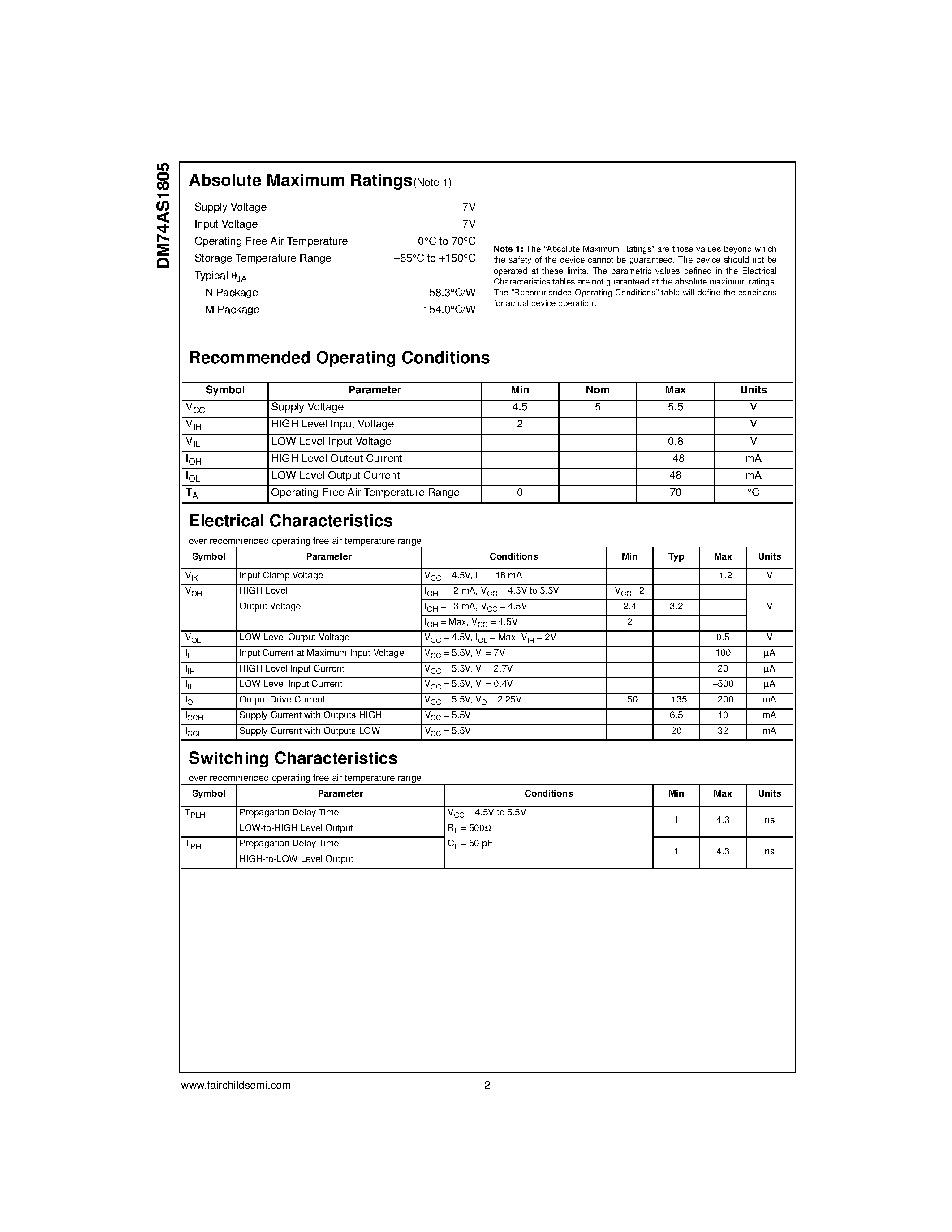 Datasheet DM74AS1805WM page 2 Datasheet DM74AS1805WM - Hex 2-Input NOR Driver page 2
