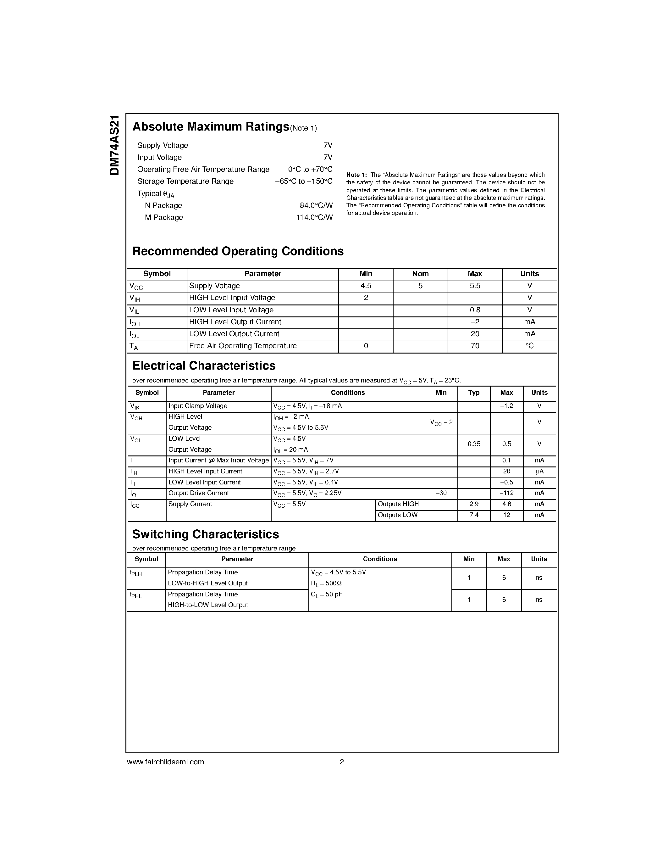 Даташит на микросхему DM74AS21 страница 2 Даташит DM74AS21 - Dual 4-Input AND Gate страница 2