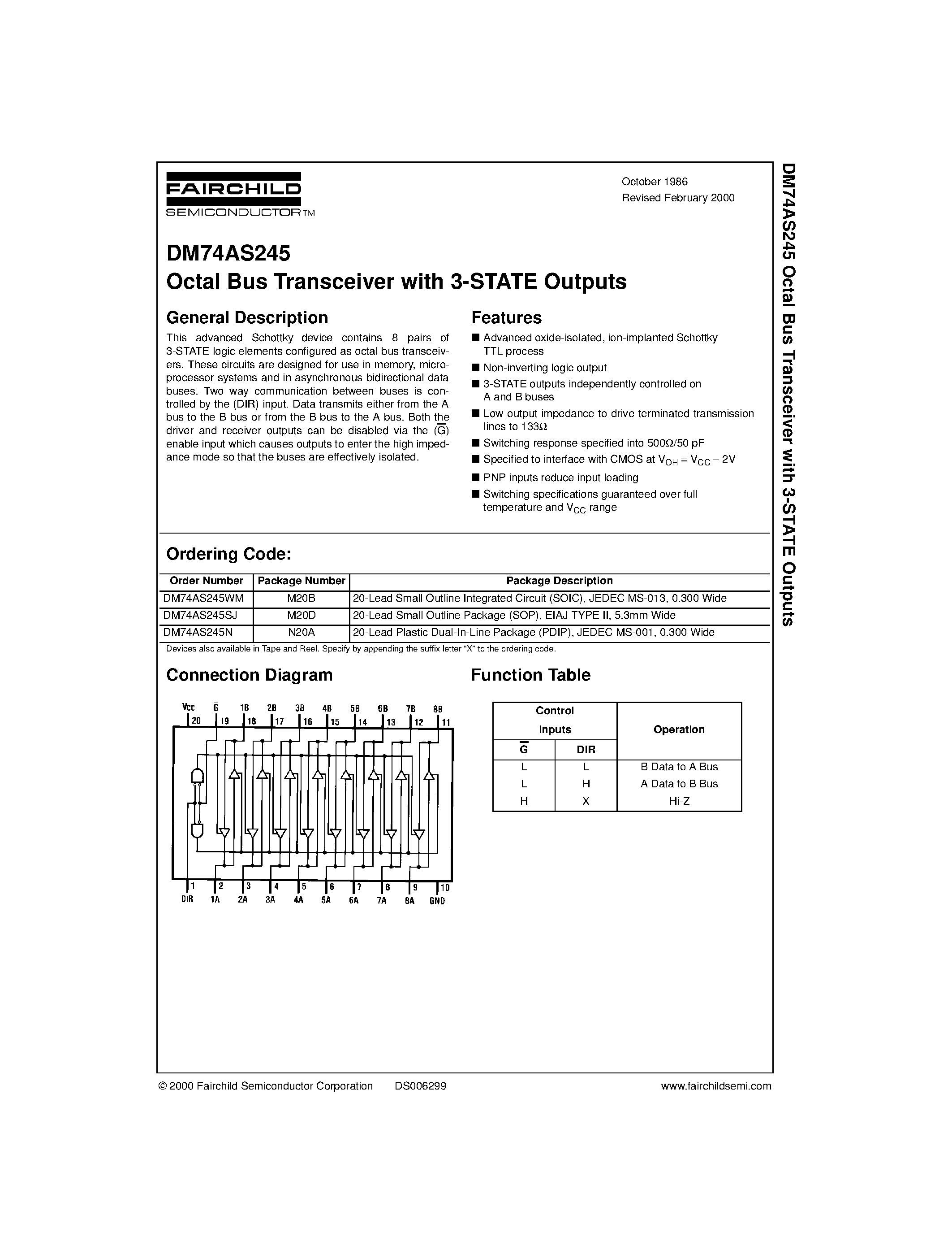 Даташит на микросхему DM74AS245SJ страница 1 Даташит DM74AS245SJ - Octal Bus Transceiver with 3-STATE Outputs страница 1