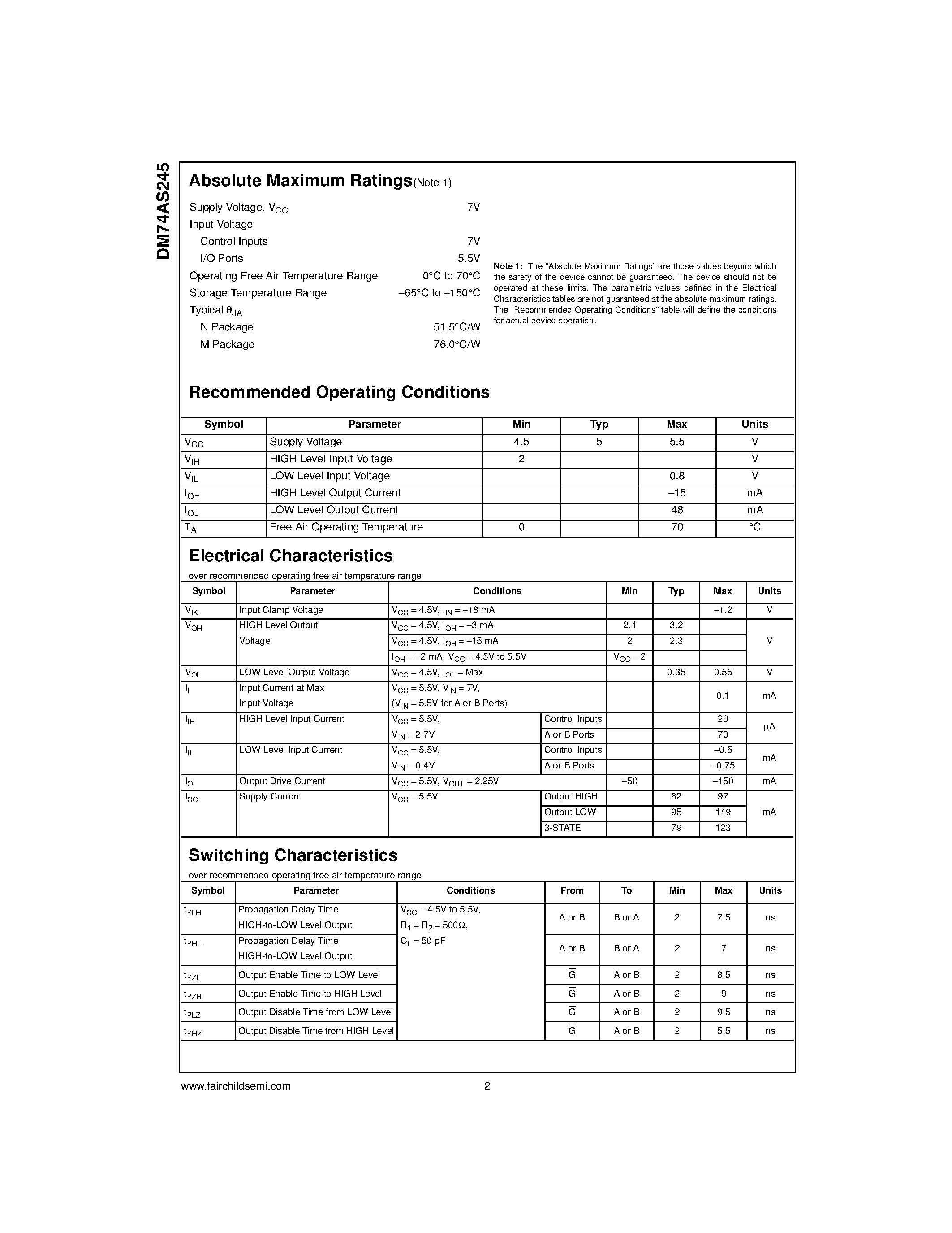 Datasheet DM74AS245WM page 2 Datasheet DM74AS245WM - Octal Bus Transceiver with 3-STATE Outputs page 2