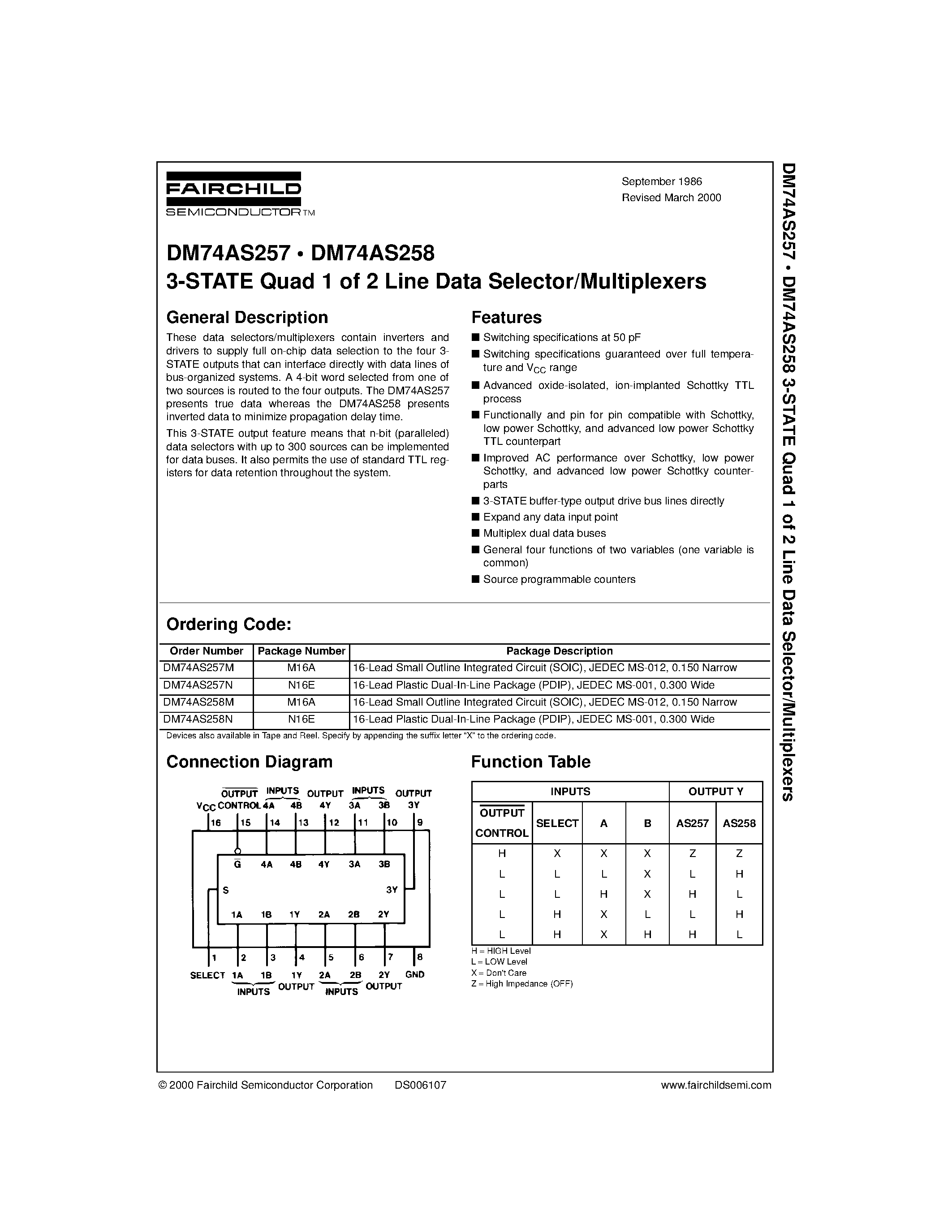 Даташит на микросхему DM74AS257 страница 1 Даташит DM74AS257 - 3-STATE Quad 1 of 2 Line Data Selector/Multiplexers страница 1