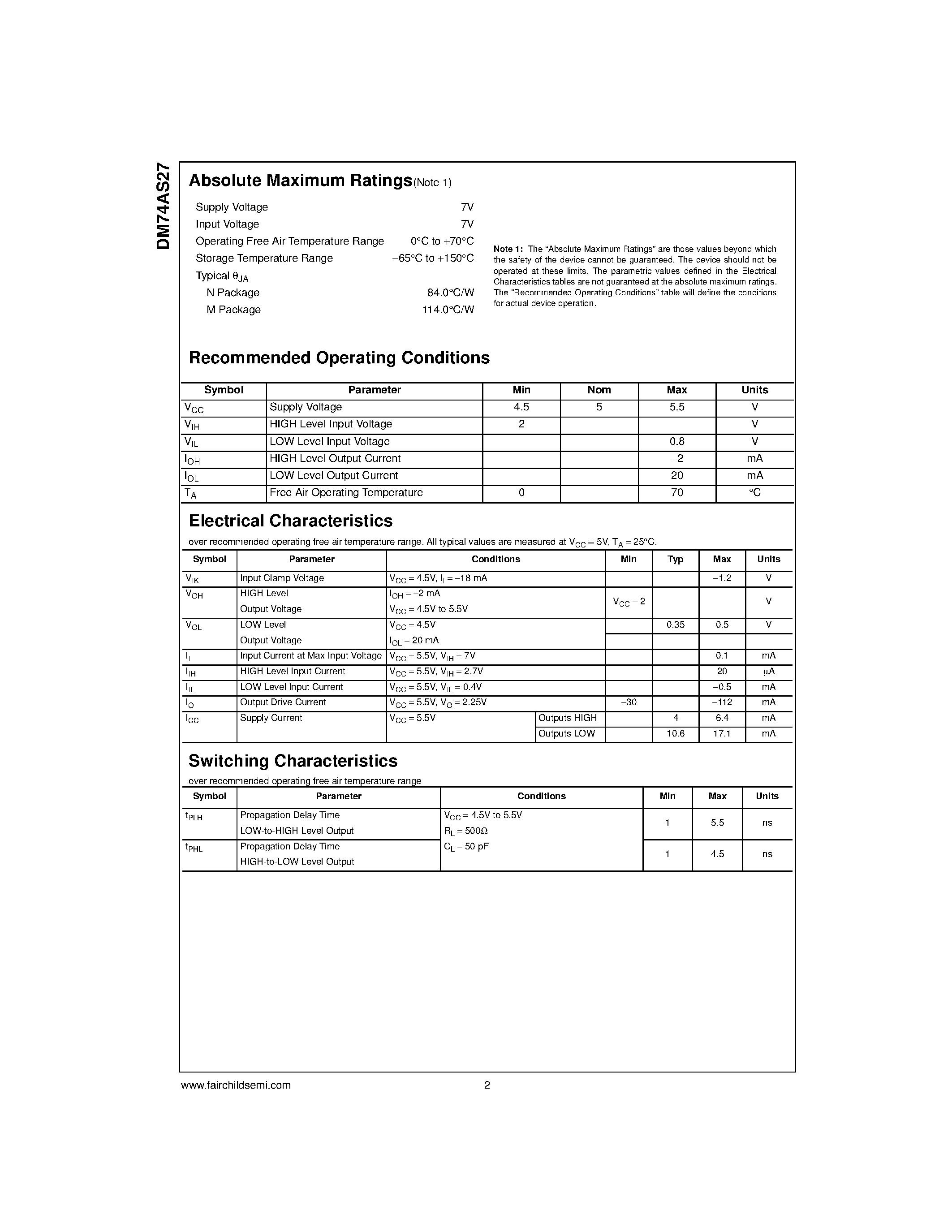 Datasheet DM74AS27 - Triple 3-Input NOR Gate page 2