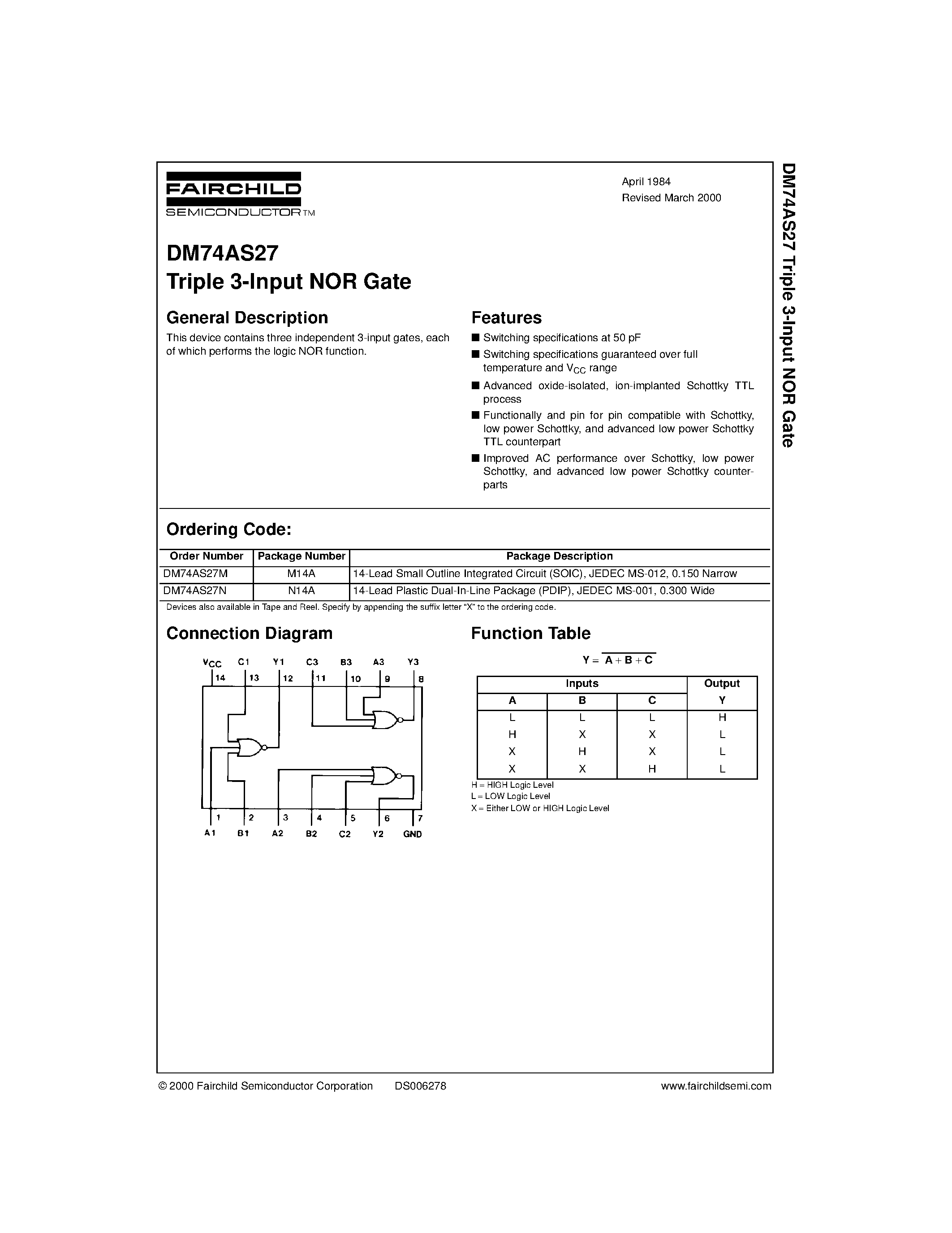 Datasheet DM74AS27N - Triple 3-Input NOR Gate page 1