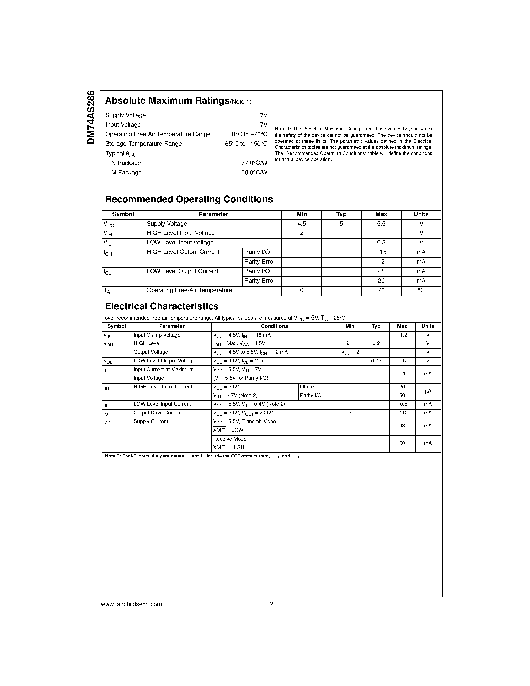 Datasheet DM74AS286 page 2 Datasheet DM74AS286 - 9-Bit Parity Generator/Checker with Bus-Driver Parity I/O Port page 2