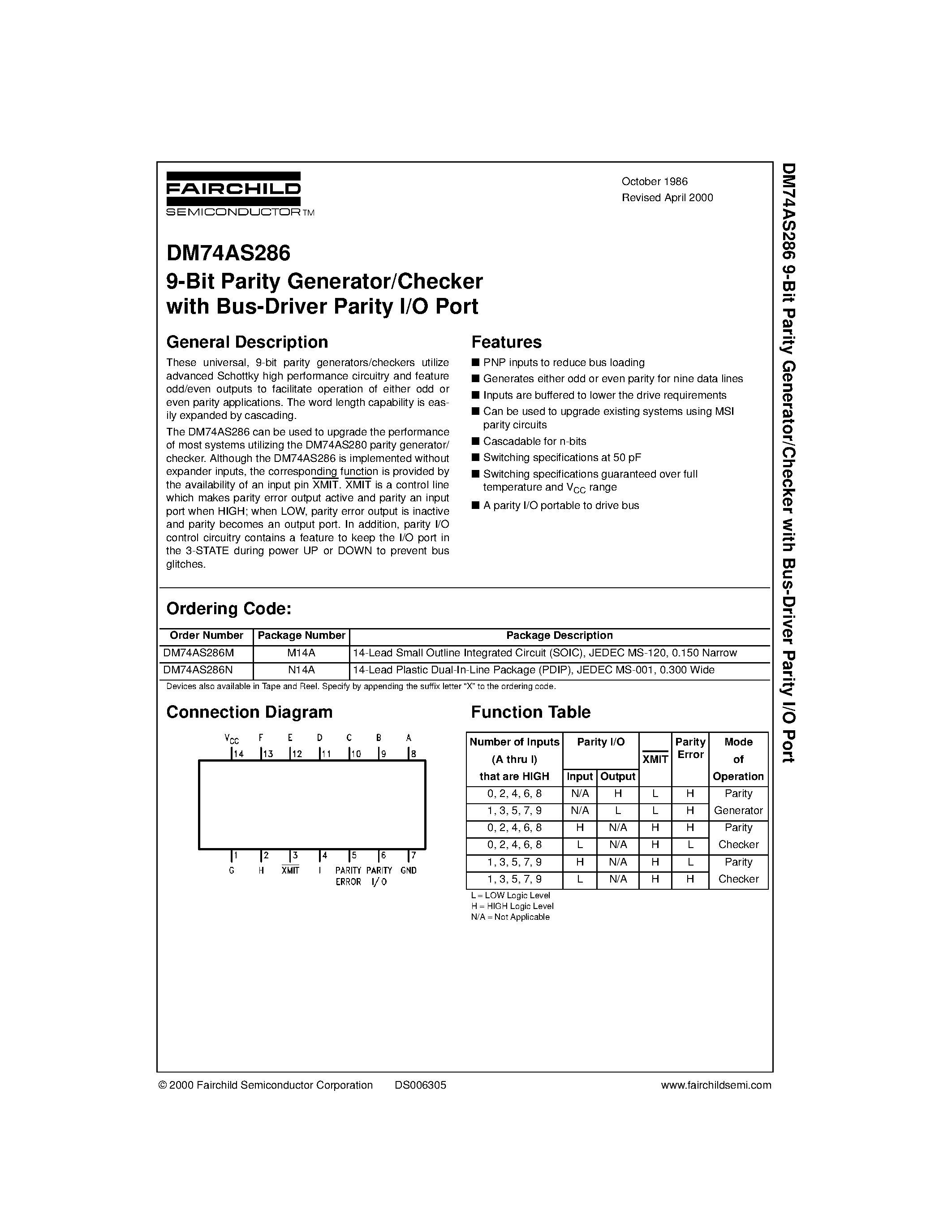 Даташит DM74AS286N - 9-Bit Parity Generator/Checker with Bus-Driver Parity I/O Port страница 1