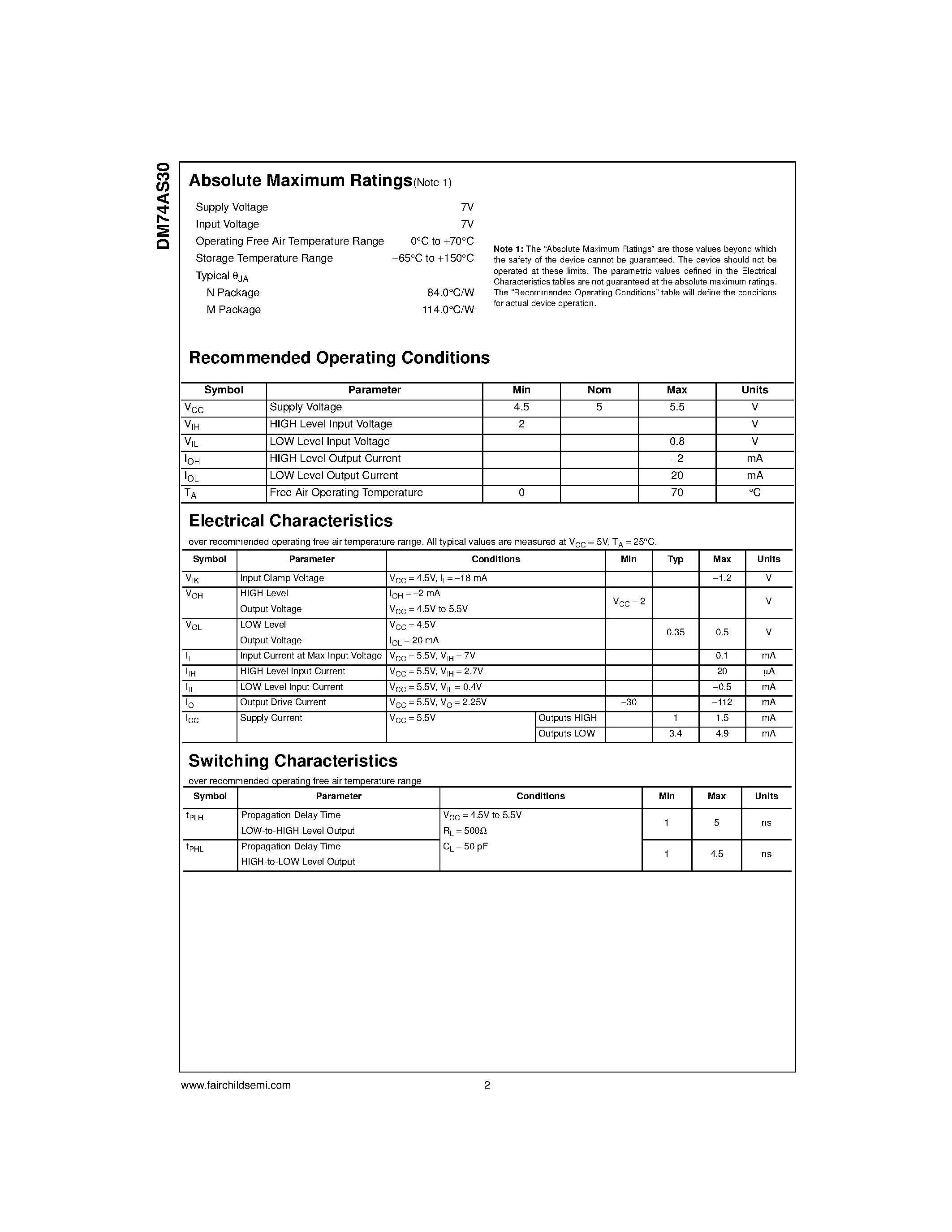 Datasheet DM74AS30M - 8 Input NAND Gate page 2