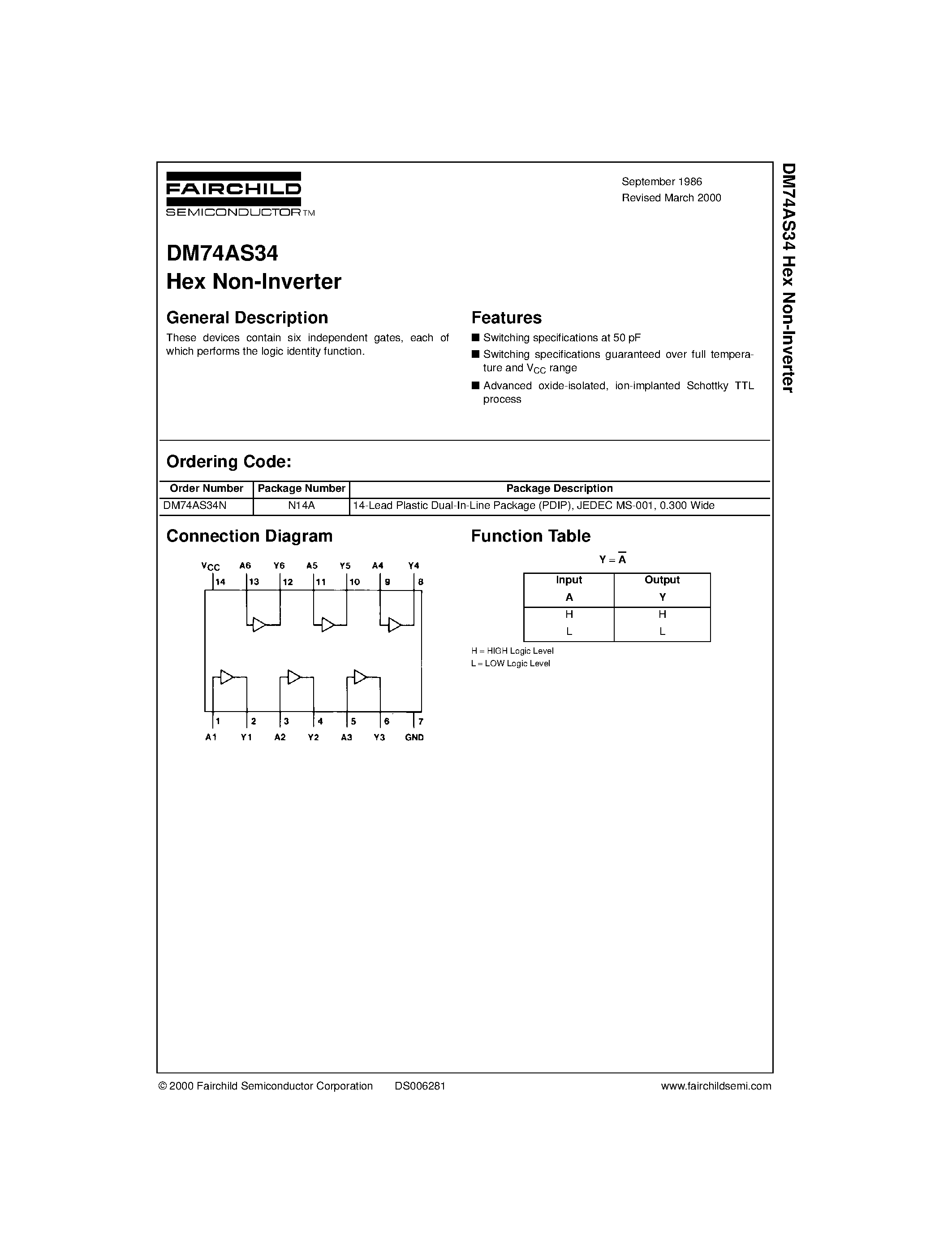 Datasheet DM74AS34N - Hex Non-Inverter page 1