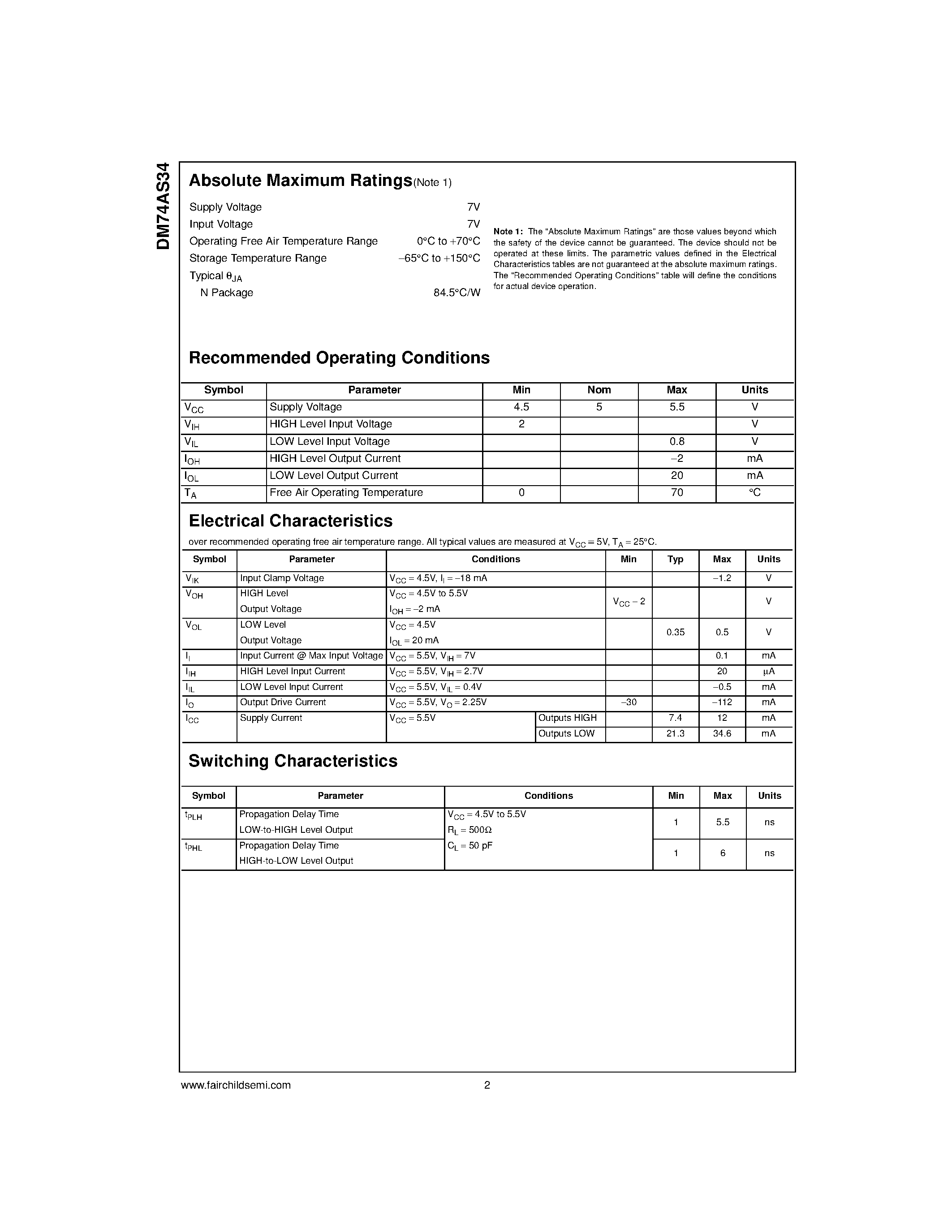 Datasheet DM74AS34N - Hex Non-Inverter page 2
