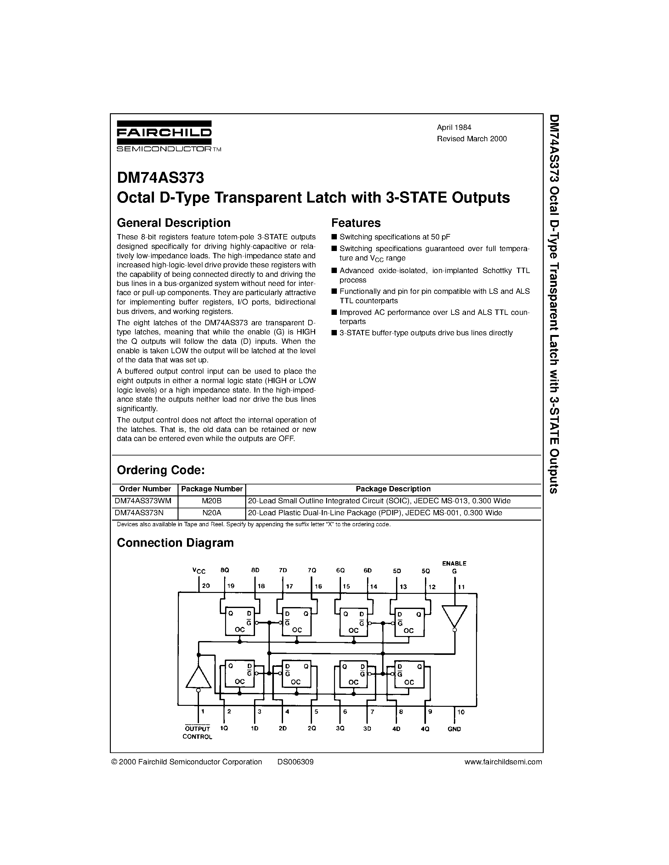 Datasheet DM74AS373N - Octal D-Type Transparent Latch with 3-STATE Outputs page 1