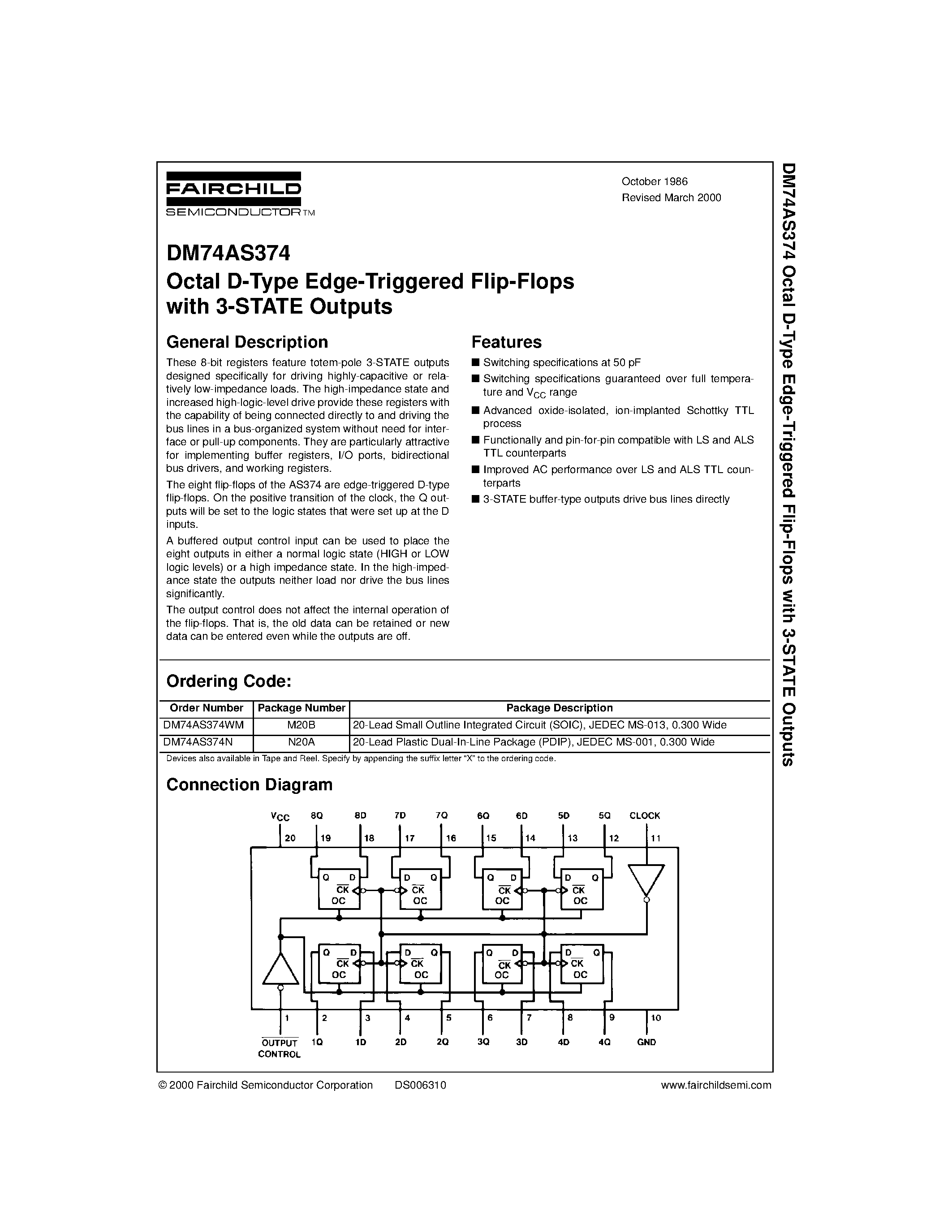 Datasheet DM74AS374WM page 1 Datasheet DM74AS374WM - Octal D-Type Edge-Triggered Flip-Flops page 1