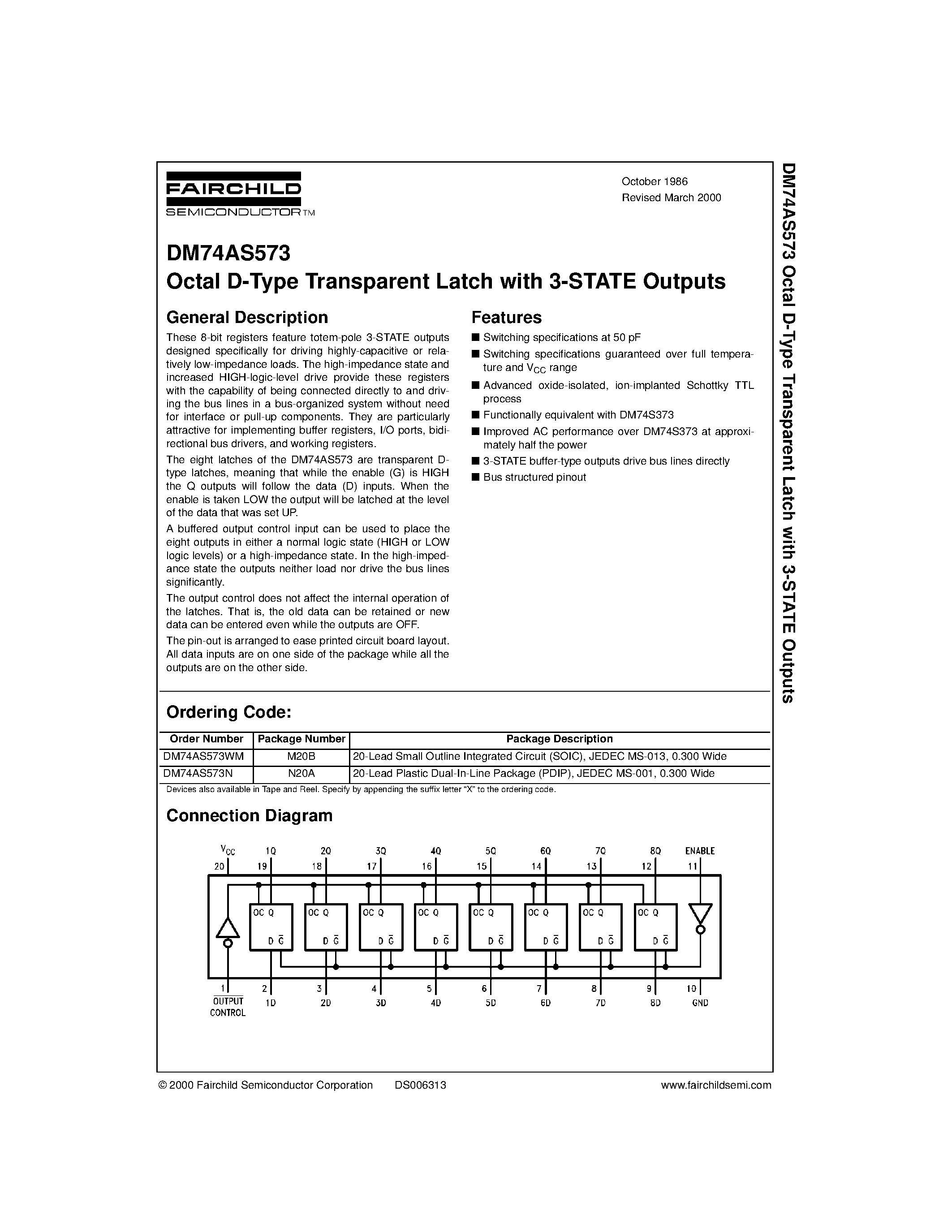 Datasheet DM74AS573WM page 1 Datasheet DM74AS573WM - Octal D-Type Transparent Latch with 3-STATE Outputs page 1