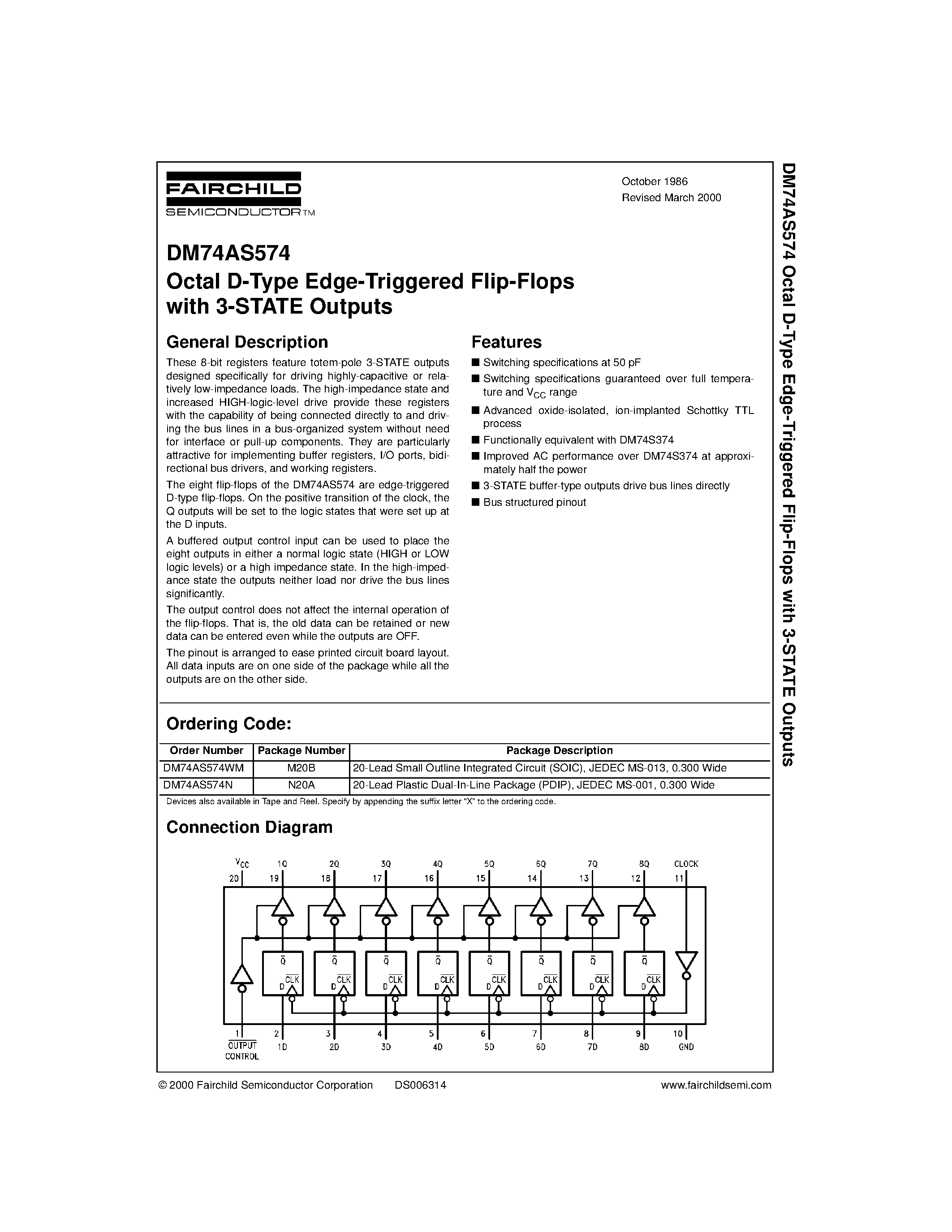 Datasheet DM74AS574WM page 1 Datasheet DM74AS574WM - Octal D-Type Edge-Triggered Flip-Flops with 3-STATE Outputs page 1