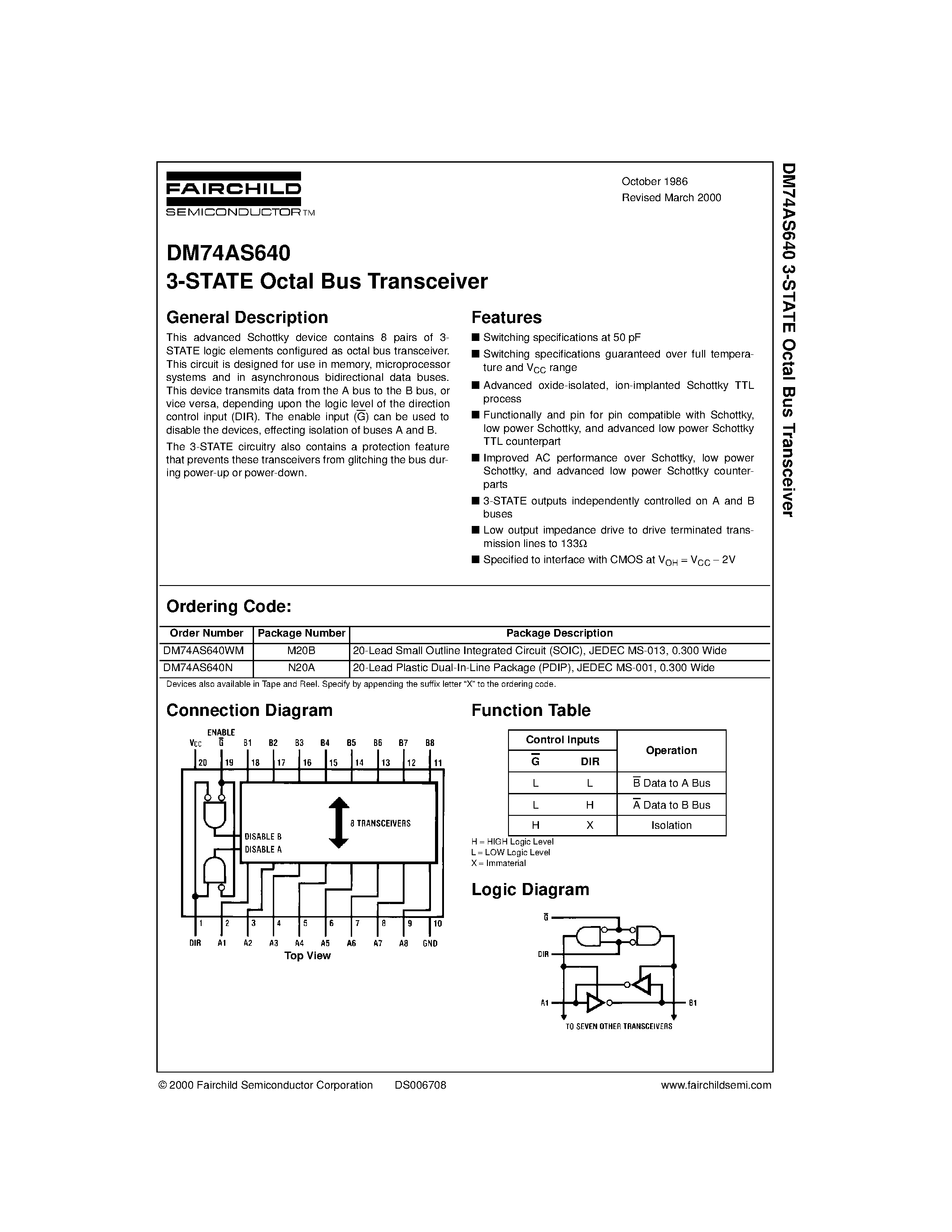 Datasheet DM74AS640N - 3-STATE Octal Bus Transceiver page 1