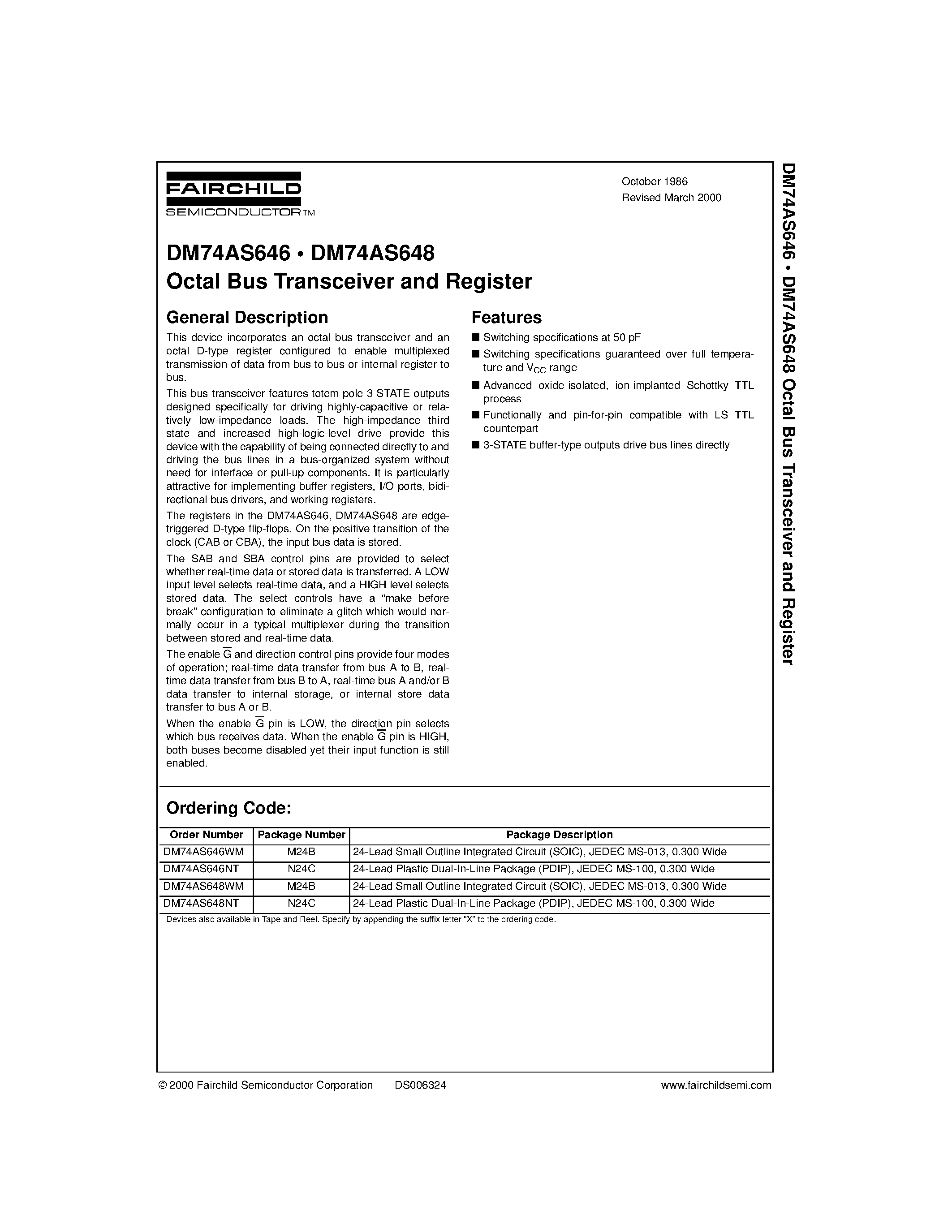 Datasheet DM74AS646WM - Octal Bus Transceiver and Register page 1