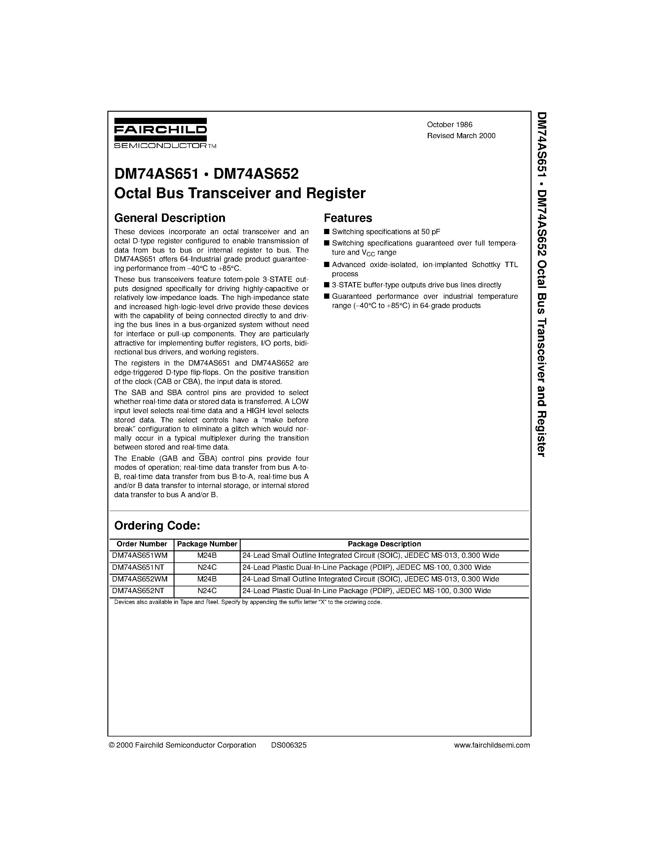 Datasheet DM74AS651NT - Octal Bus Transceiver and Register page 1