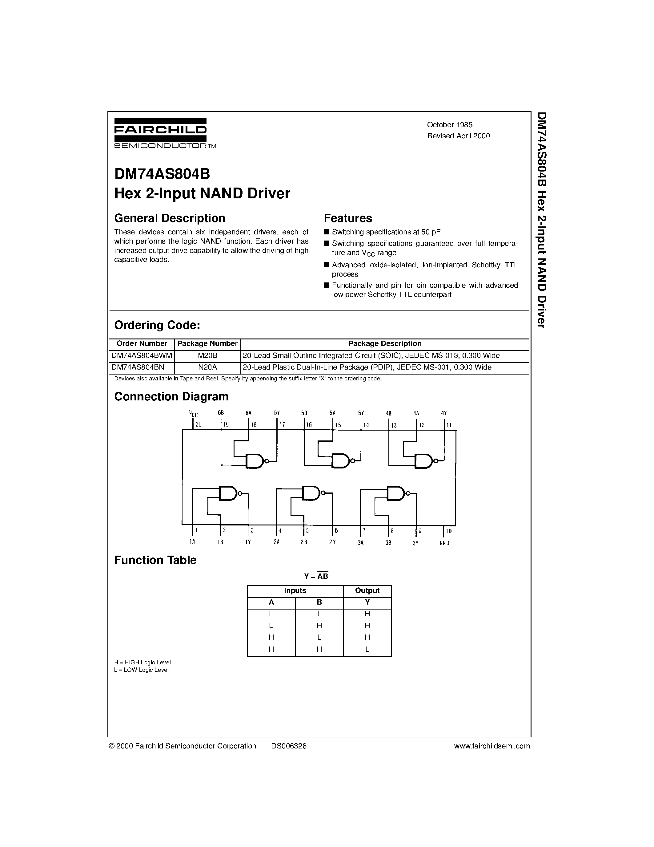 Datasheet DM74AS804BN - Hex 2-Input NAND Driver page 1