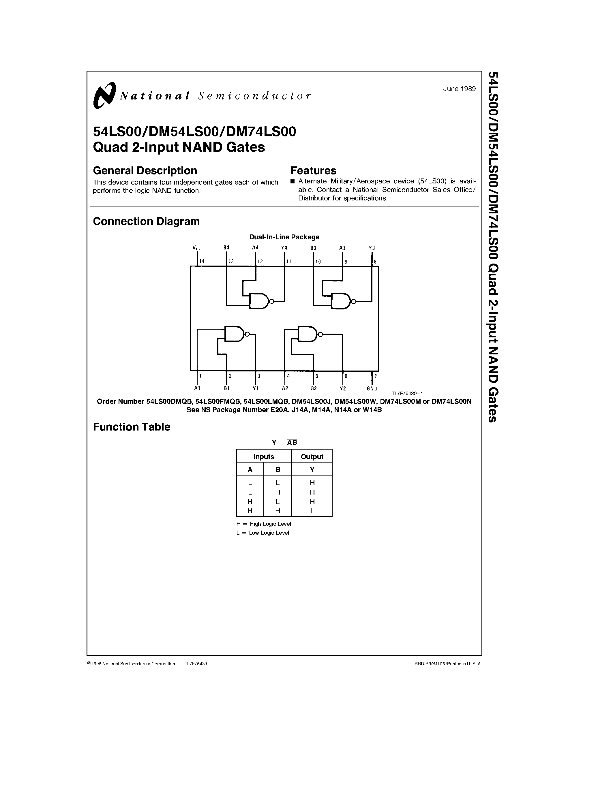Datasheet DM74LS00J page 1 Datasheet DM74LS00J - Quad 2-Input NAND Gates page 1