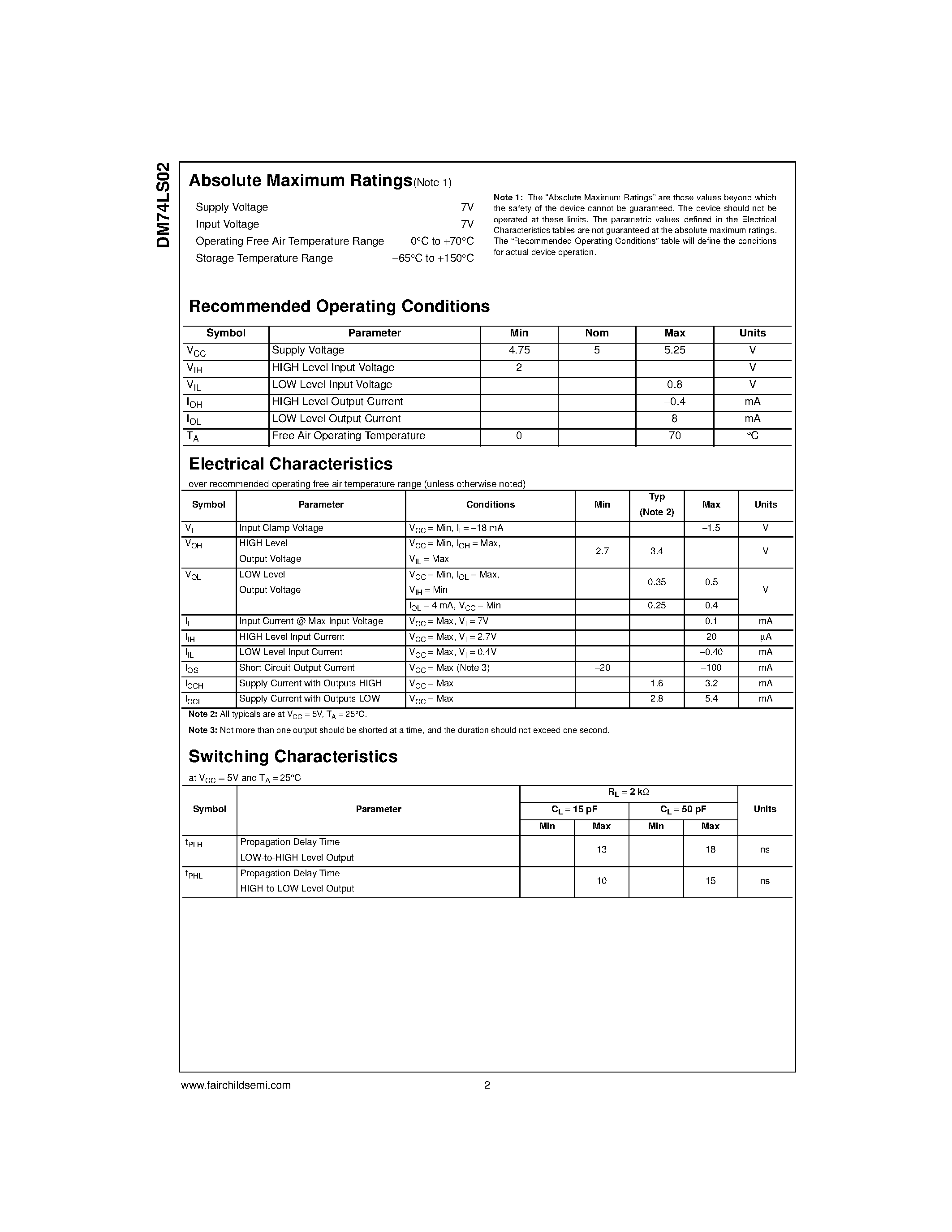 Datasheet DM74LS02SJ page 2 Datasheet DM74LS02SJ - Quad 2-Input NOR Gate page 2