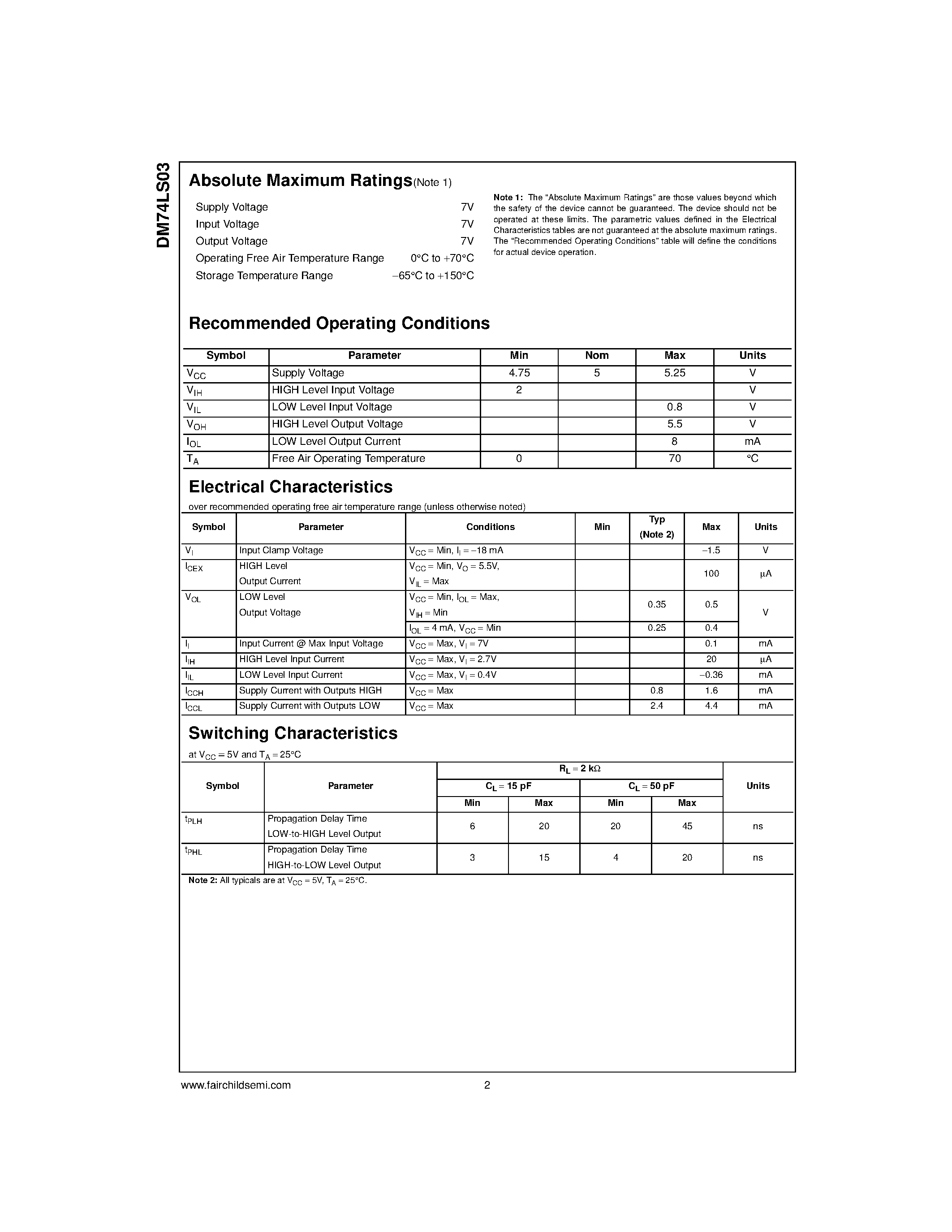 Datasheet DM74LS03 page 2 Datasheet DM74LS03 - Quad 2-Input NAND Gates with Open-Collector Outputs page 2