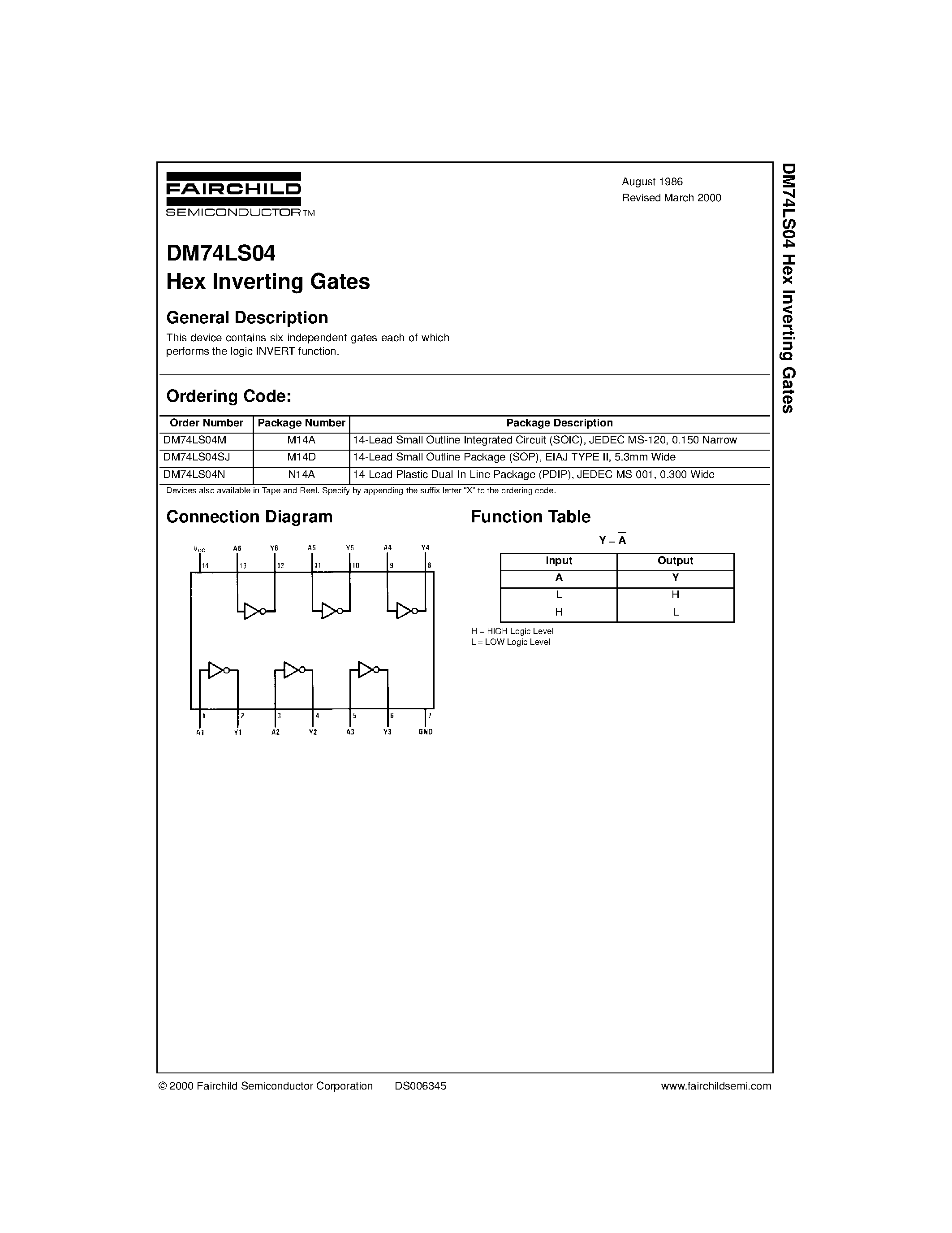 Datasheet DM74LS04 - Hex Inverting Gates page 1