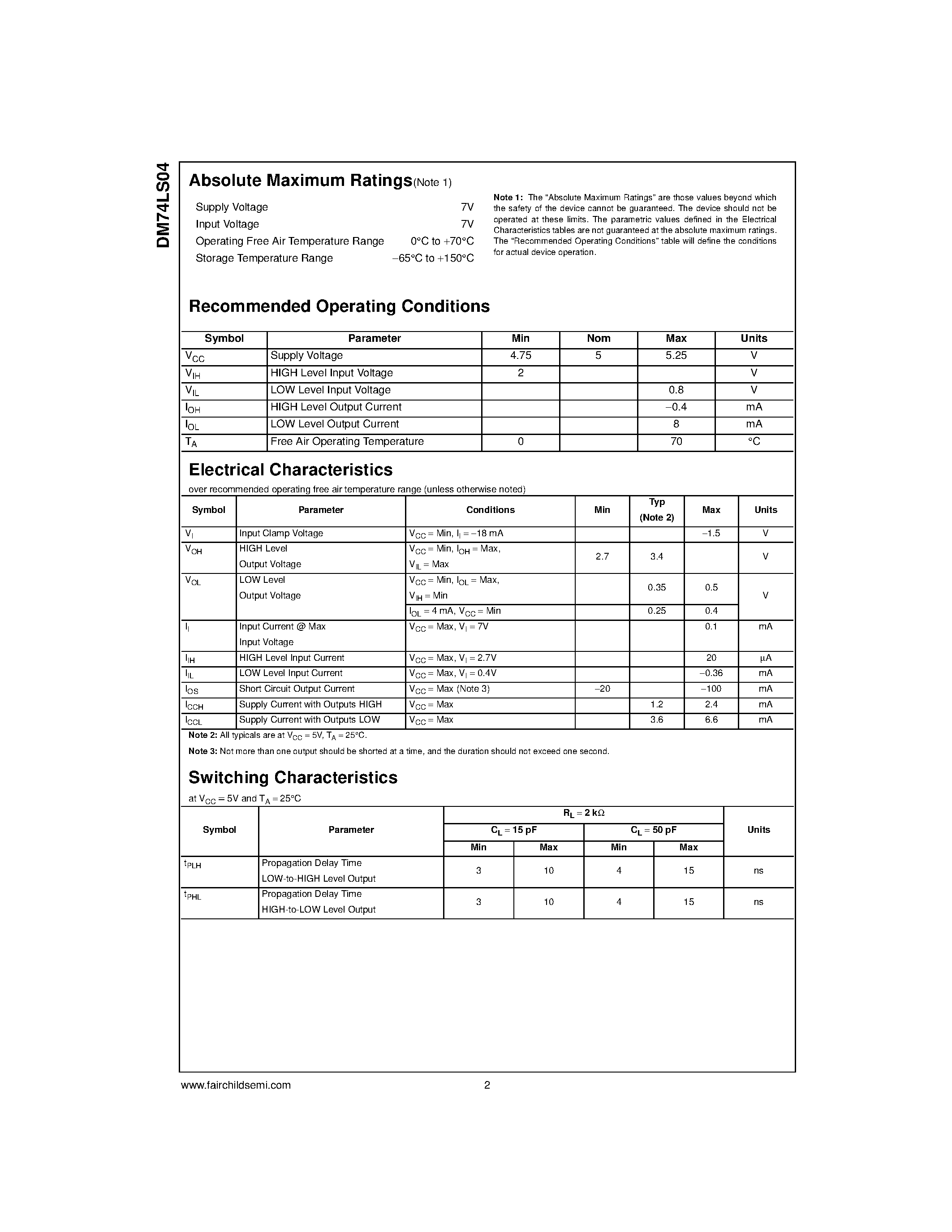 Datasheet DM74LS04 - Hex Inverting Gates page 2