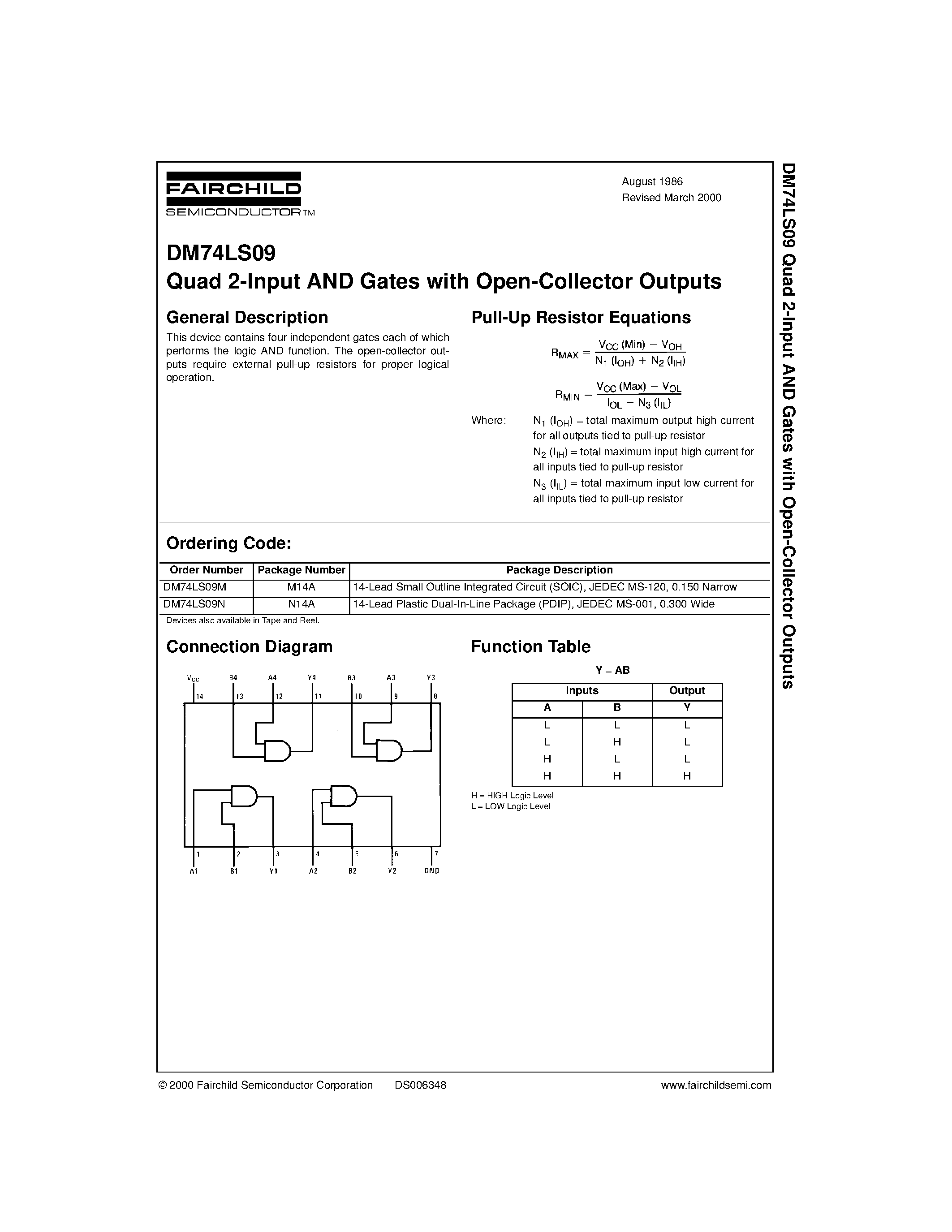 Даташит DM74LS09N - Quad 2-Input AND Gates with Open-Collector Outputs страница 1