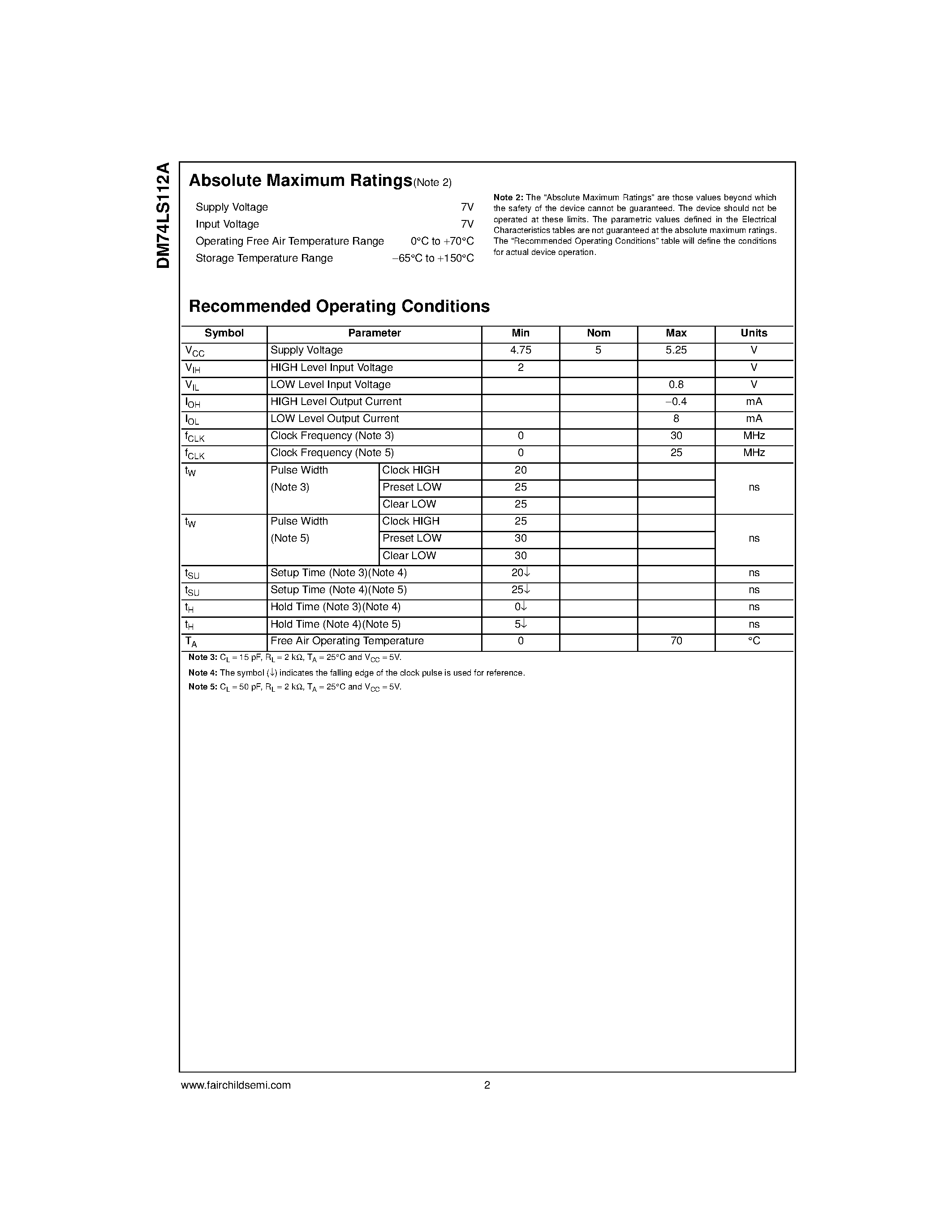 Datasheet DM74LS112A page 2 Datasheet DM74LS112A - Dual Negative-Edge-Triggered Master-Slave J-K Flip-Flop with Preset/ Clear/ and Complementary Outputs page 2