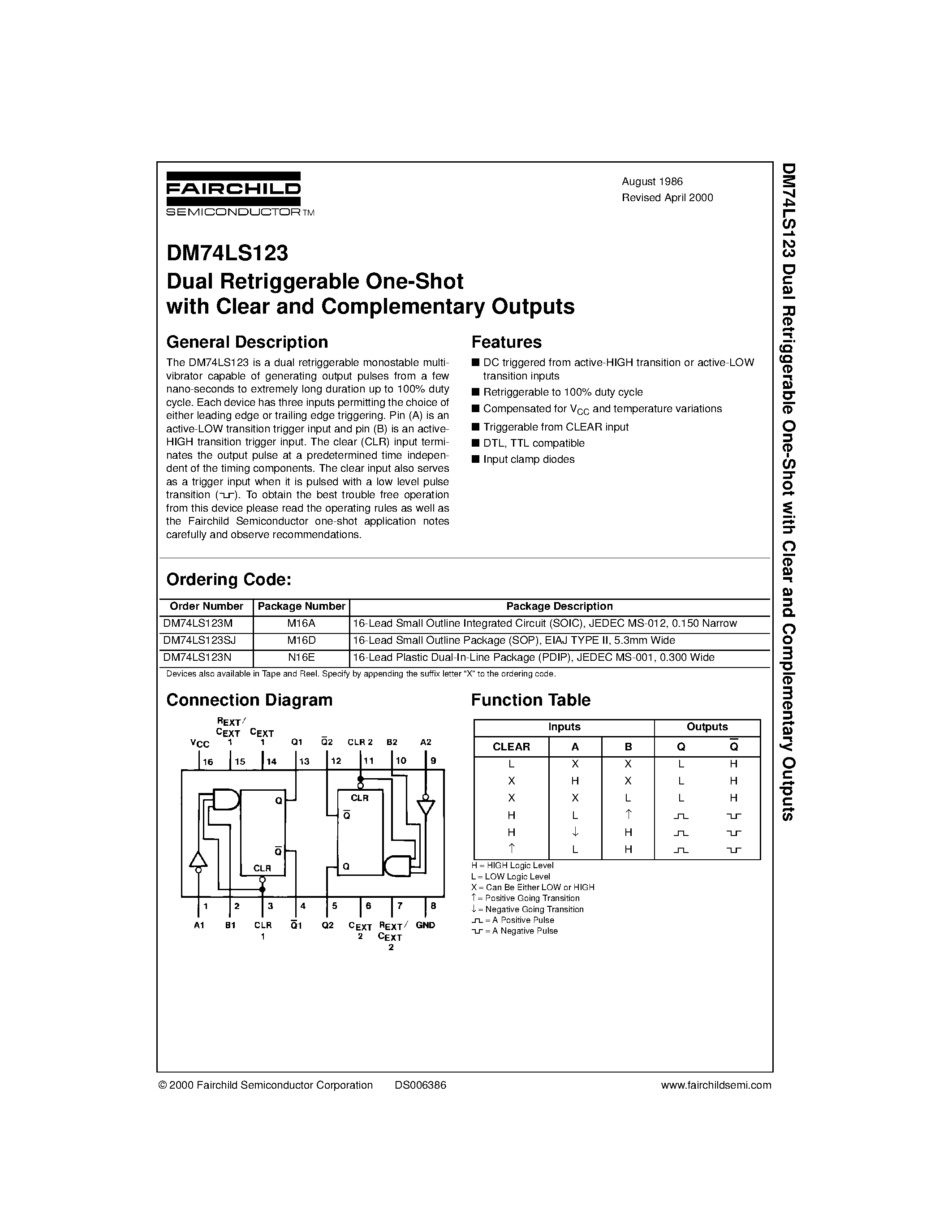 Datasheet DM74LS123M - Dual Retriggerable One-Shot with Clear and Complementary Outputs page 1