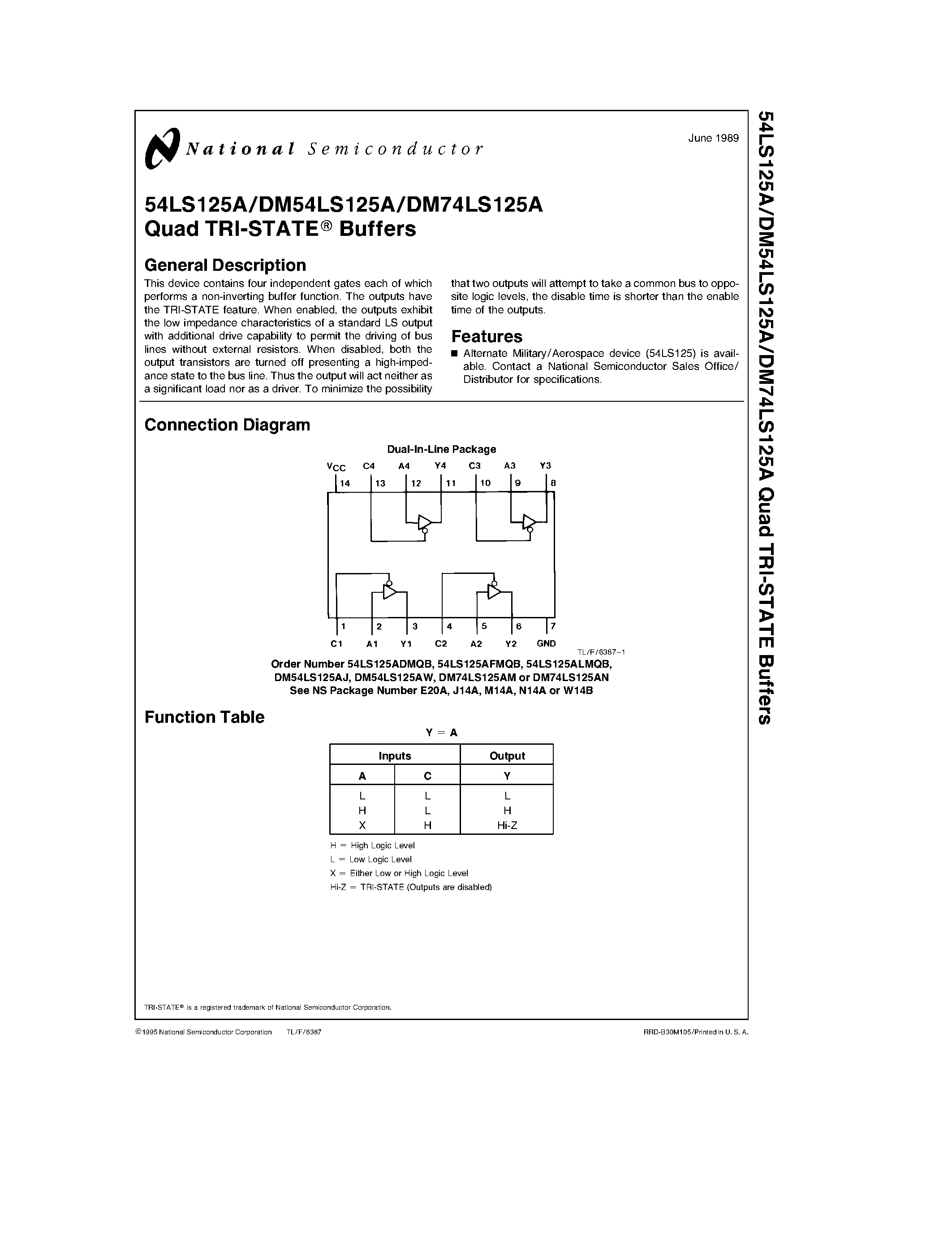 Datasheet DM74LS125A - Quad TRI-STATE Buffers page 1