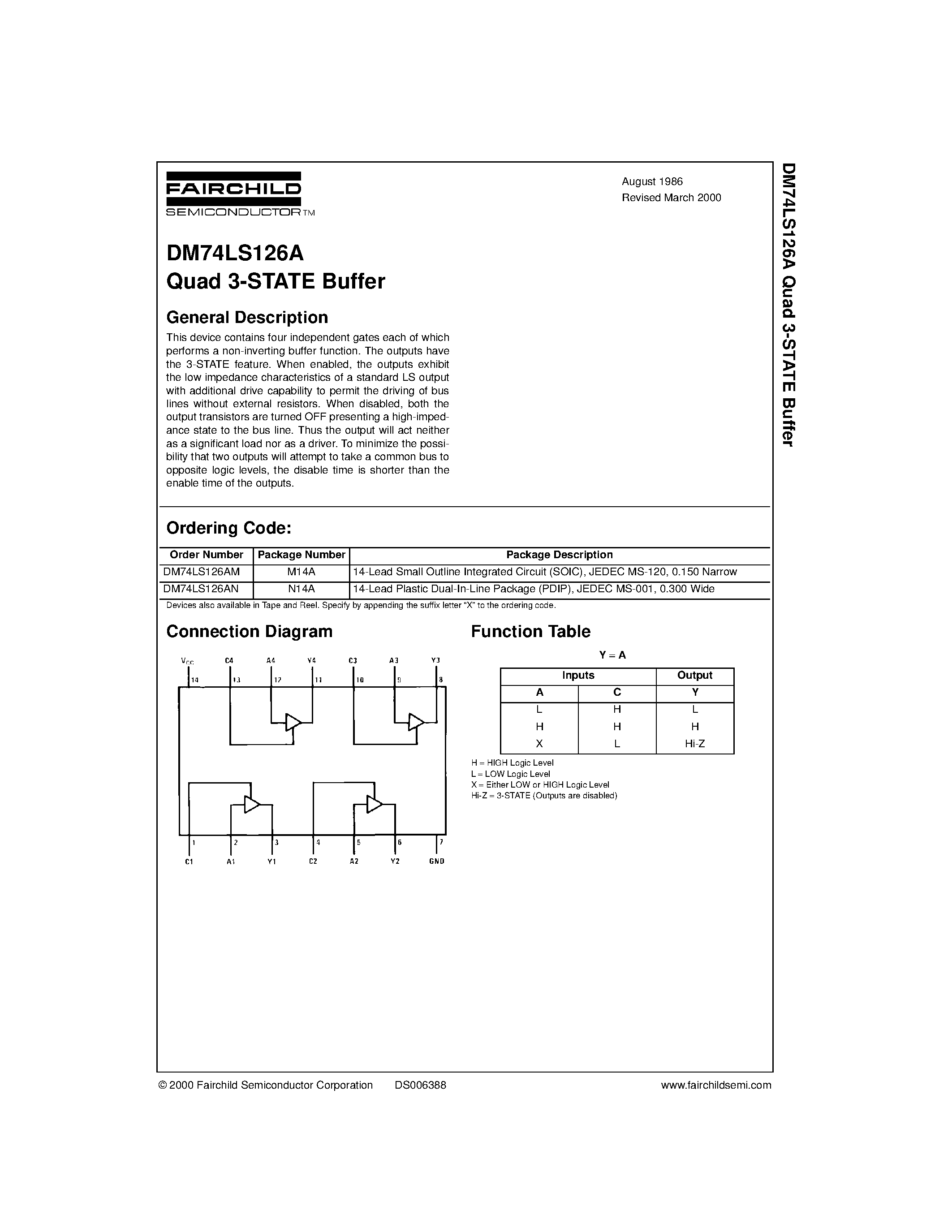 Datasheet DM74LS126AM page 1 Datasheet DM74LS126AM - Quad 3-STATE Buffer page 1