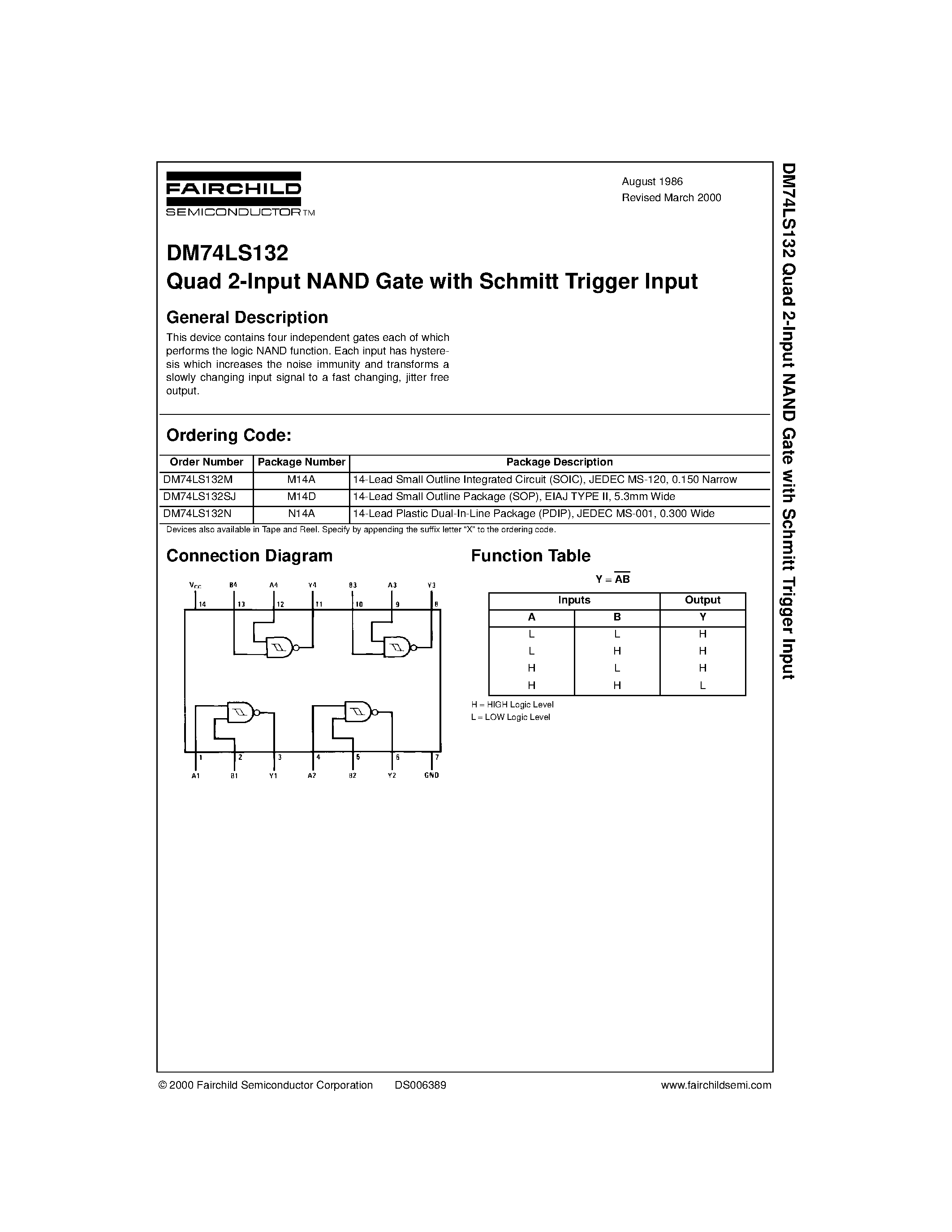 Datasheet DM74LS132SJ - Quad 2-Input NAND Gate with Schmitt Trigger Input page 1