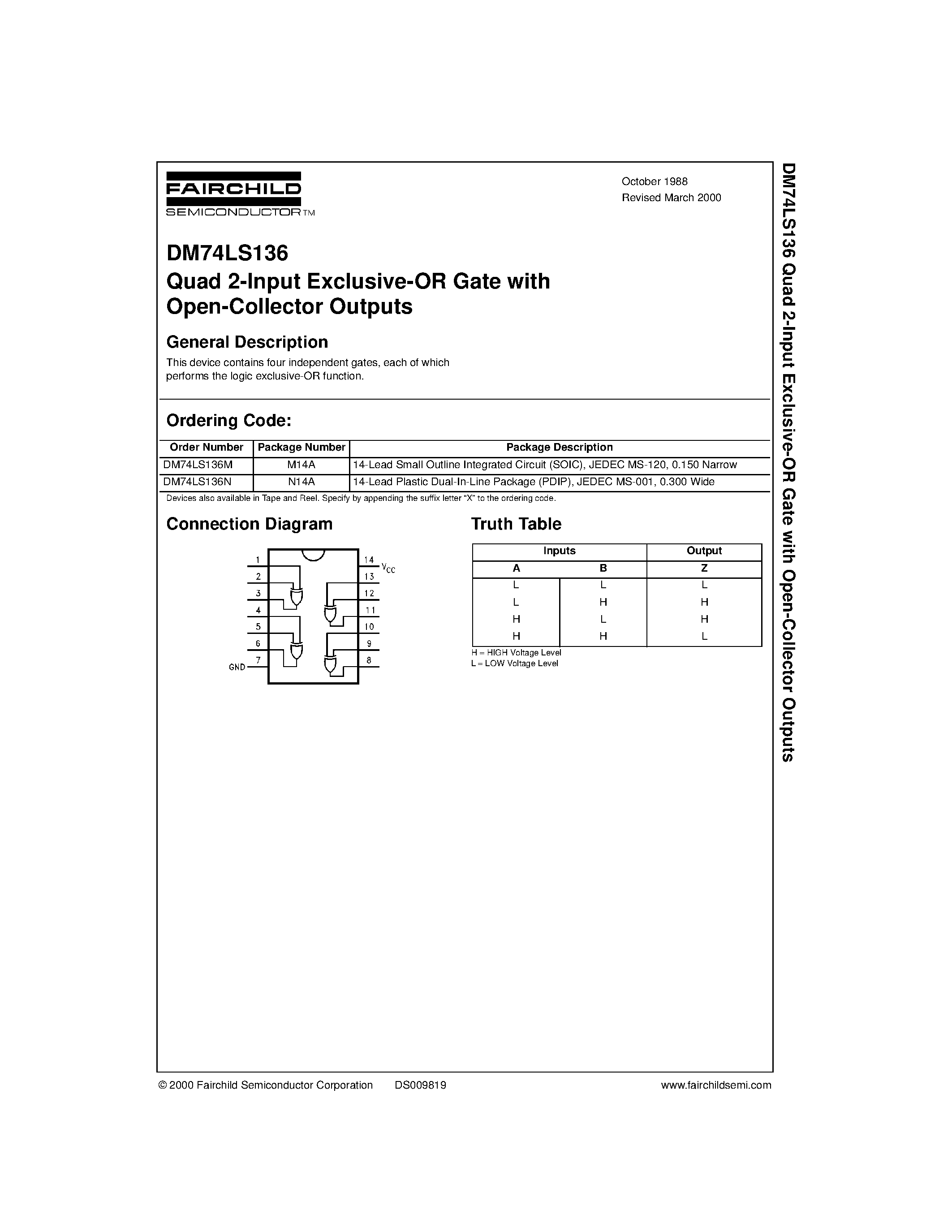 Datasheet DM74LS136M - Quad 2-Input Exclusive-OR Gate with Open-Collector Outputs page 1