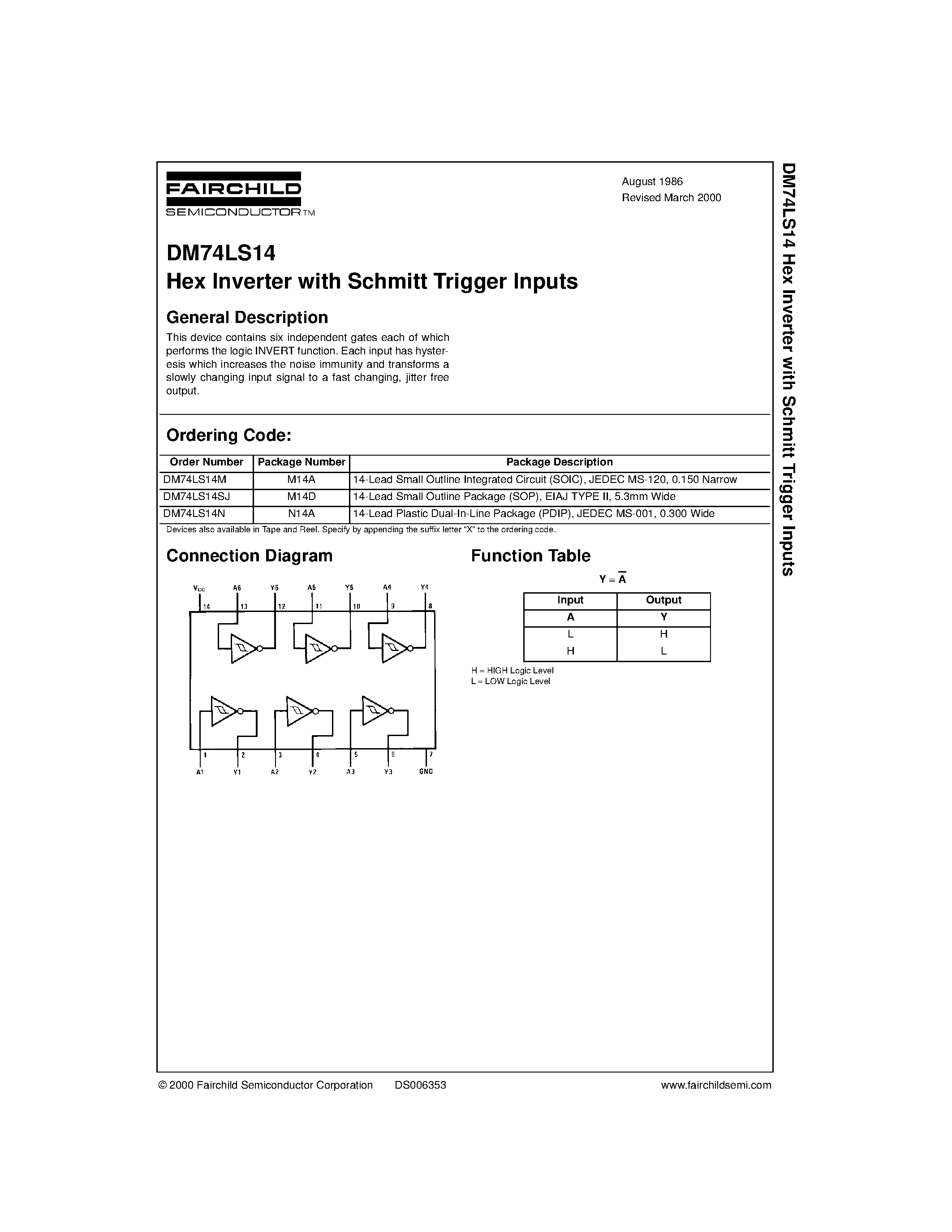 Даташит DM74LS14N - Hex Inverter with Schmitt Trigger Inputs страница 1