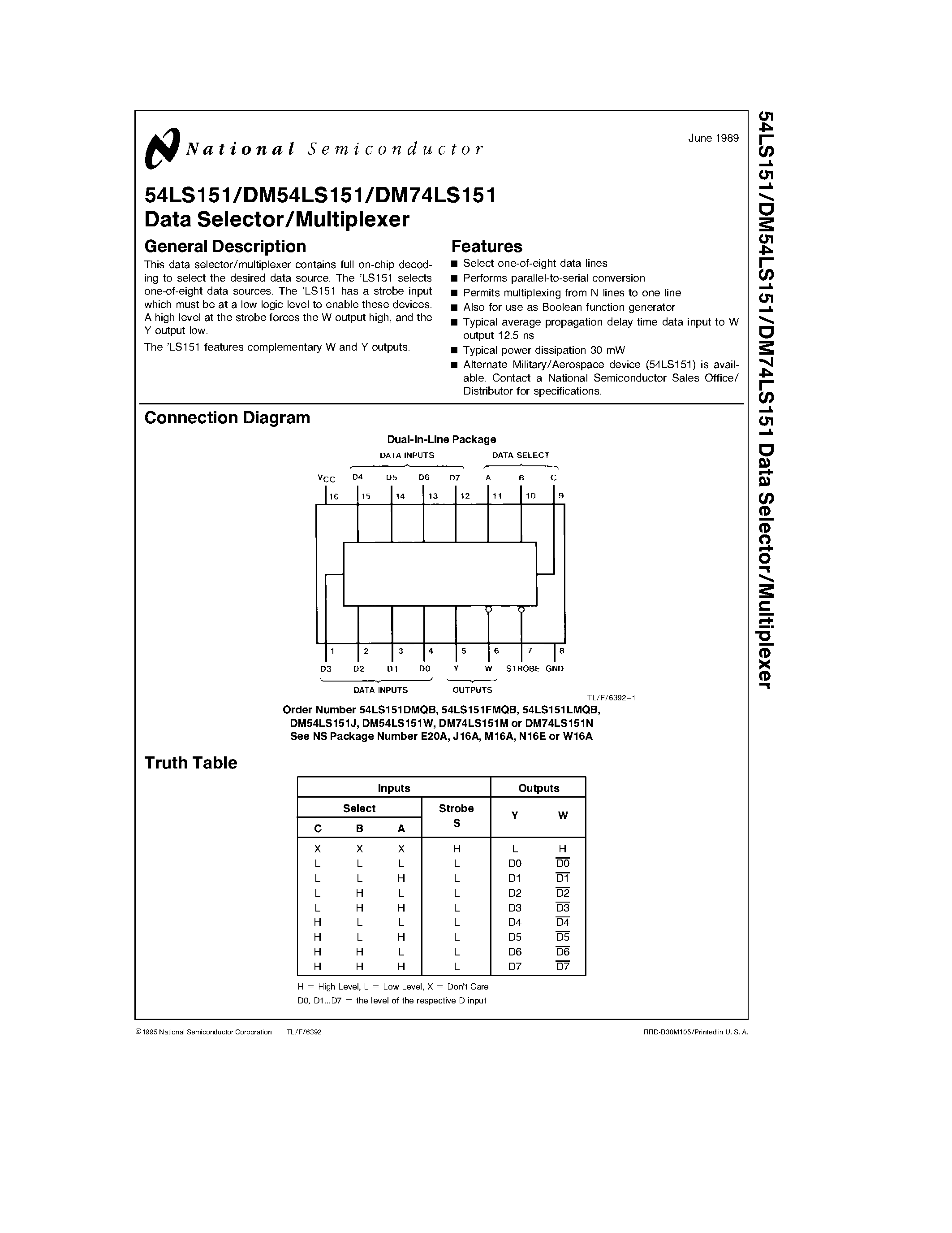 Datasheet DM74LS151 page 1 Datasheet DM74LS151 - Data Selector/Multiplexer page 1