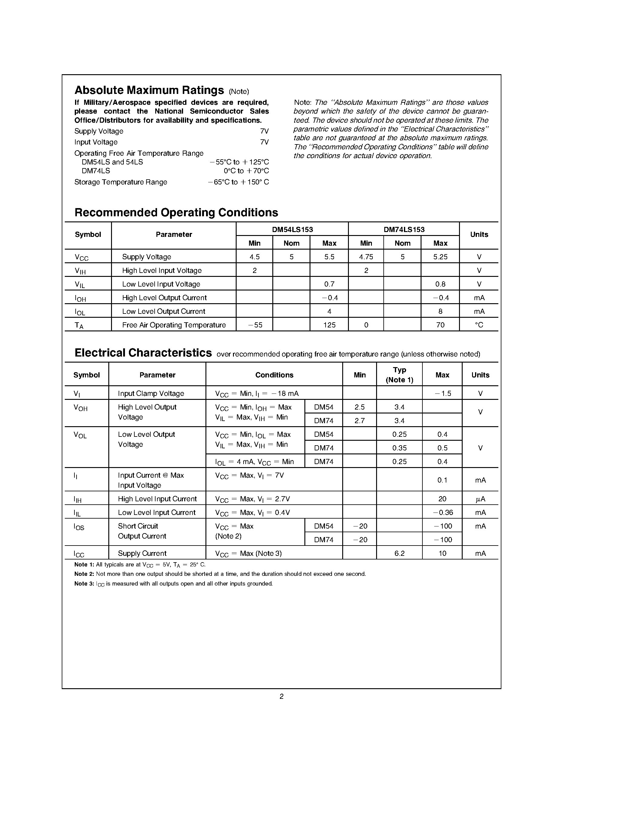 Datasheet DM74LS153E page 2 Datasheet DM74LS153E - Dual 4-Line to 1-Line Data Selectors/Multiplexers page 2
