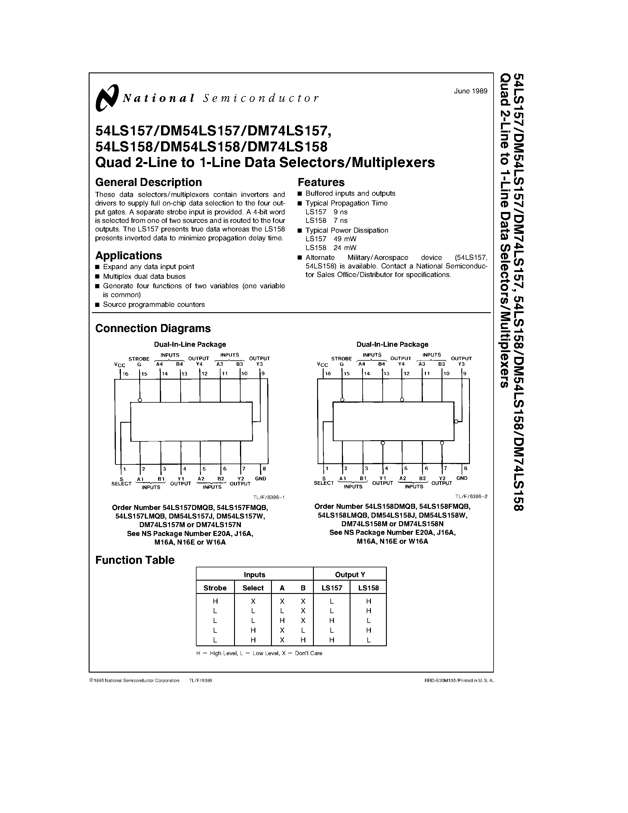 Datasheet DM74LS157 page 1 Datasheet DM74LS157 - Quad 2-Line to 1-Line Data Selectors/Multiplexers page 1