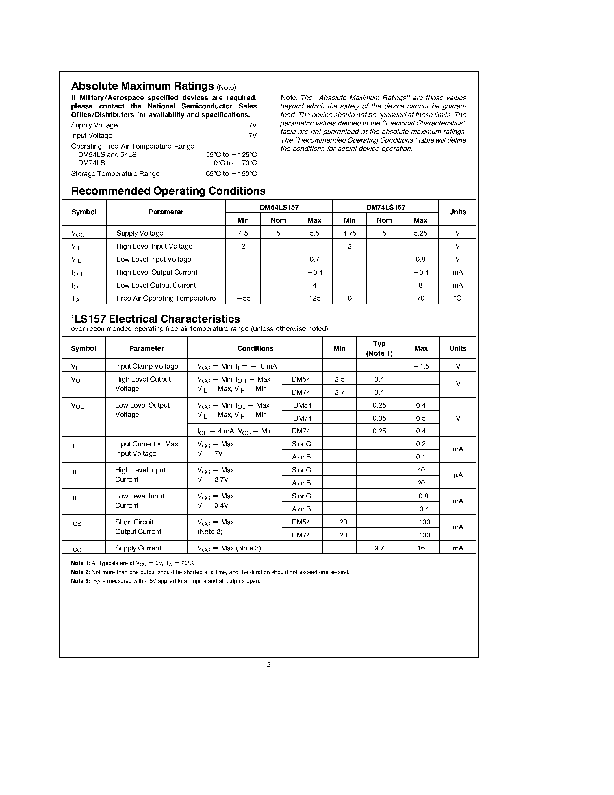 Datasheet DM74LS157N page 2 Datasheet DM74LS157N - Quad 2-Line to 1-Line Data Selectors/Multiplexers page 2