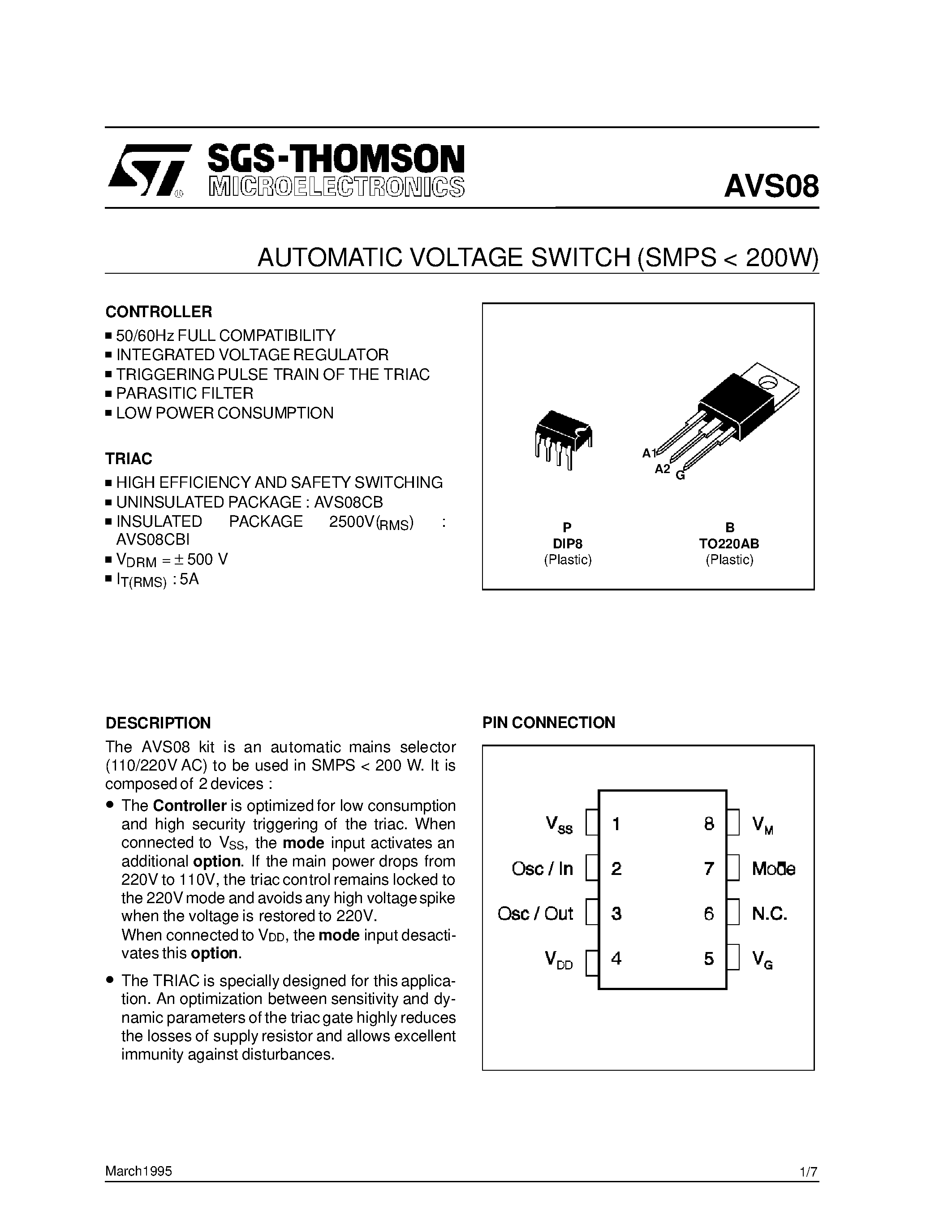 Datasheet AVS08 page 1 Datasheet AVS08 - AUTOMATIC VOLTAGE SWITCH SMPS < 200W page 1