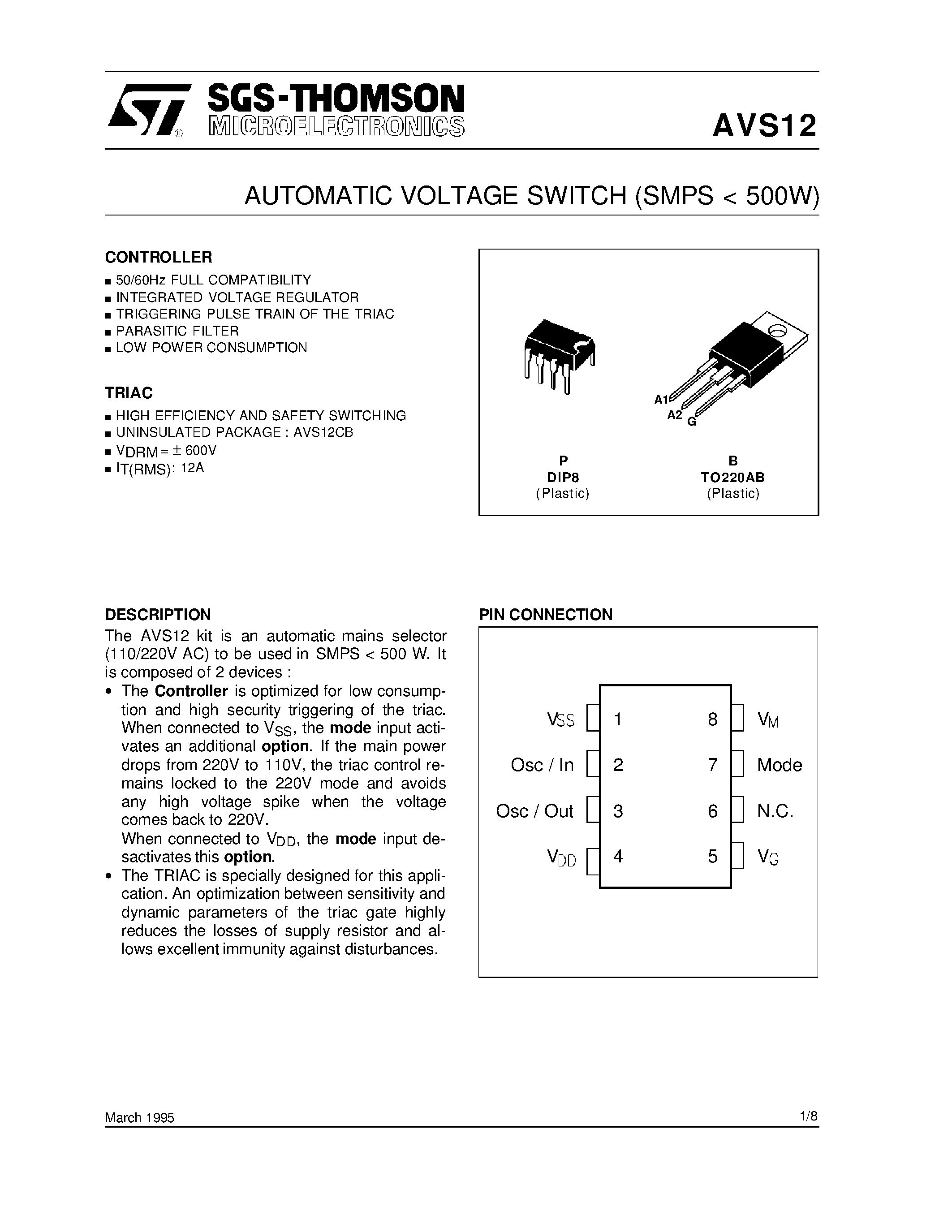 Datasheet AVS12 page 1 Datasheet AVS12 - AUTOMATIC VOLTAGE SWITCH SMPS < 500W page 1