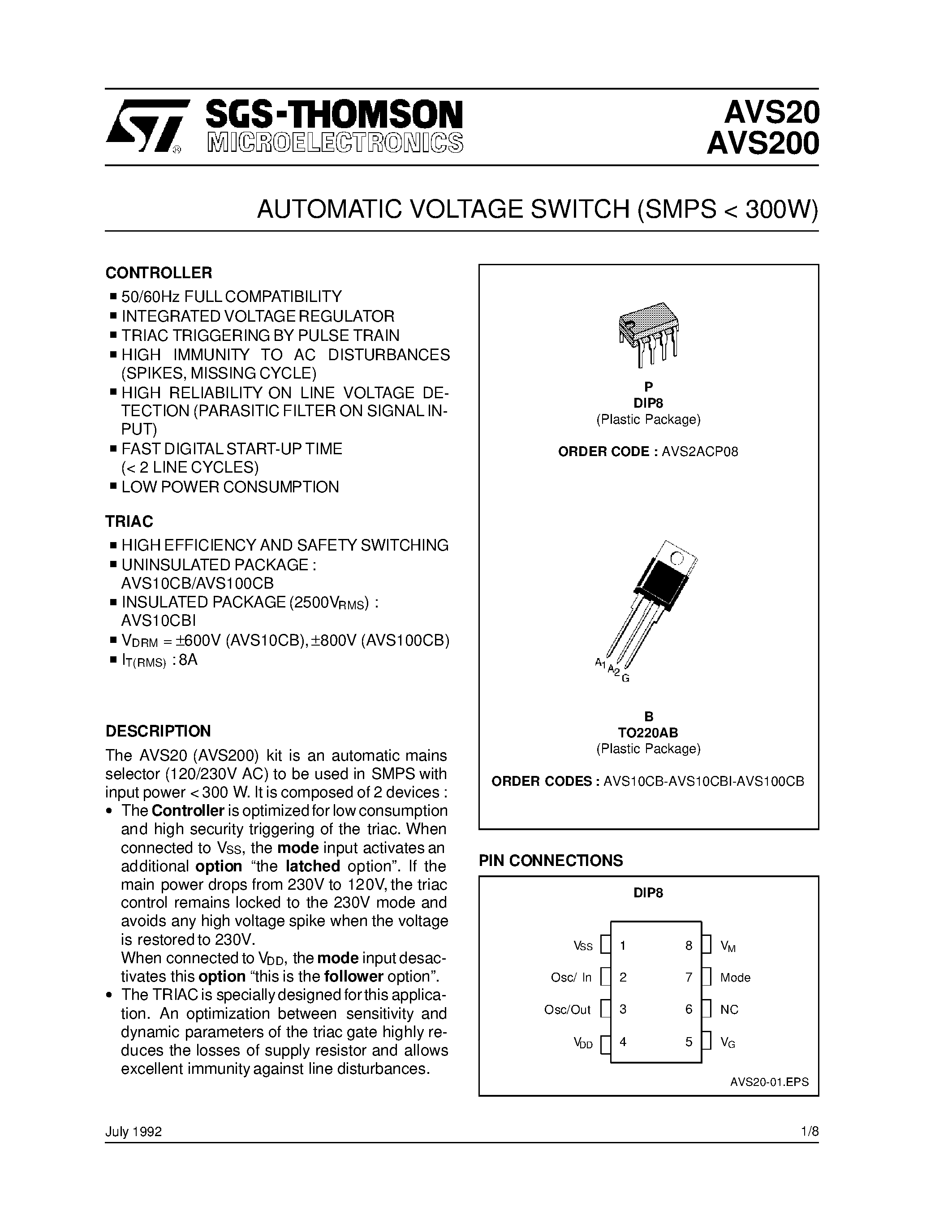 Datasheet AVS20 - AUTOMATIC VOLTAGE SWITCH SMPS < 300W page 1