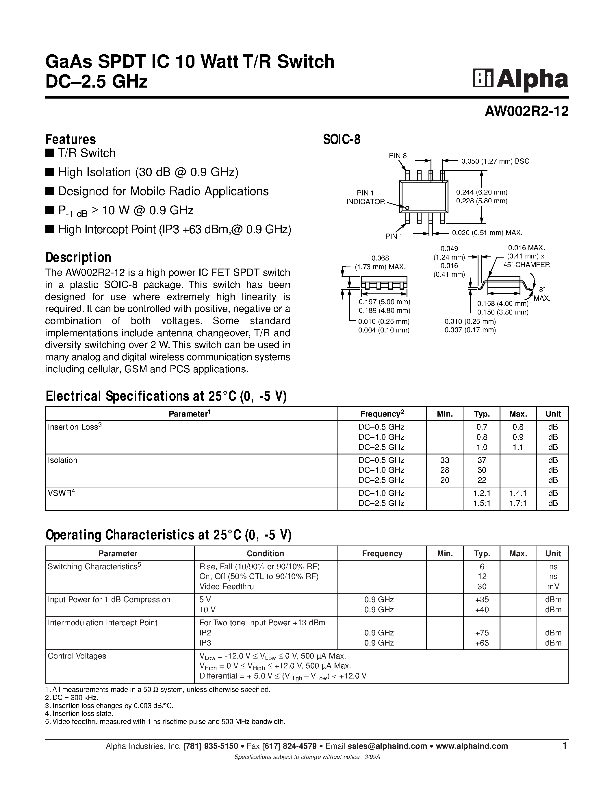 Даташит AW002R2-12 - GaAs SPDT IC 10 Watt T/R Switch DC-2.5 GHz страница 1