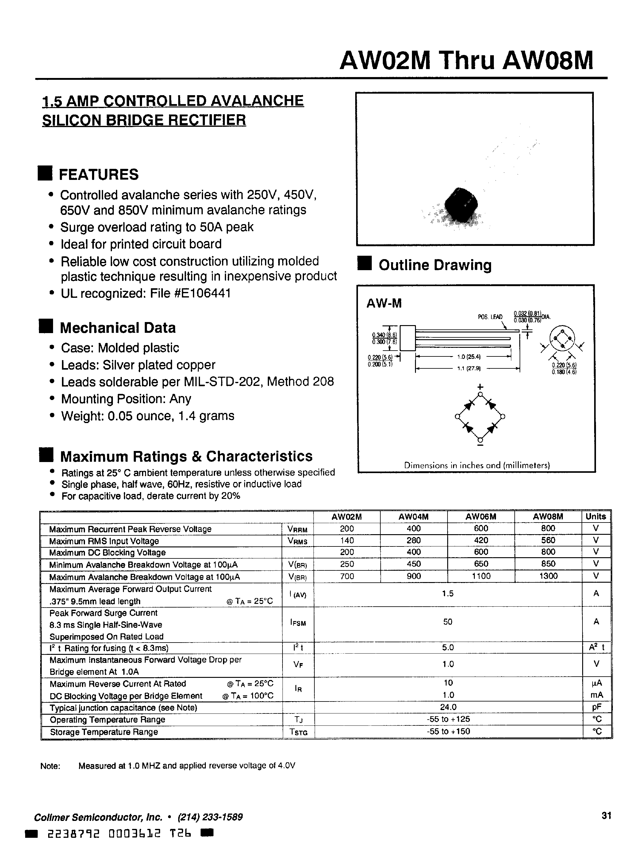 Datasheet AW08M - 1.5 AMP CONTROLLED AVALANCHE SILICON BRIDGE RECTIFIER page 1