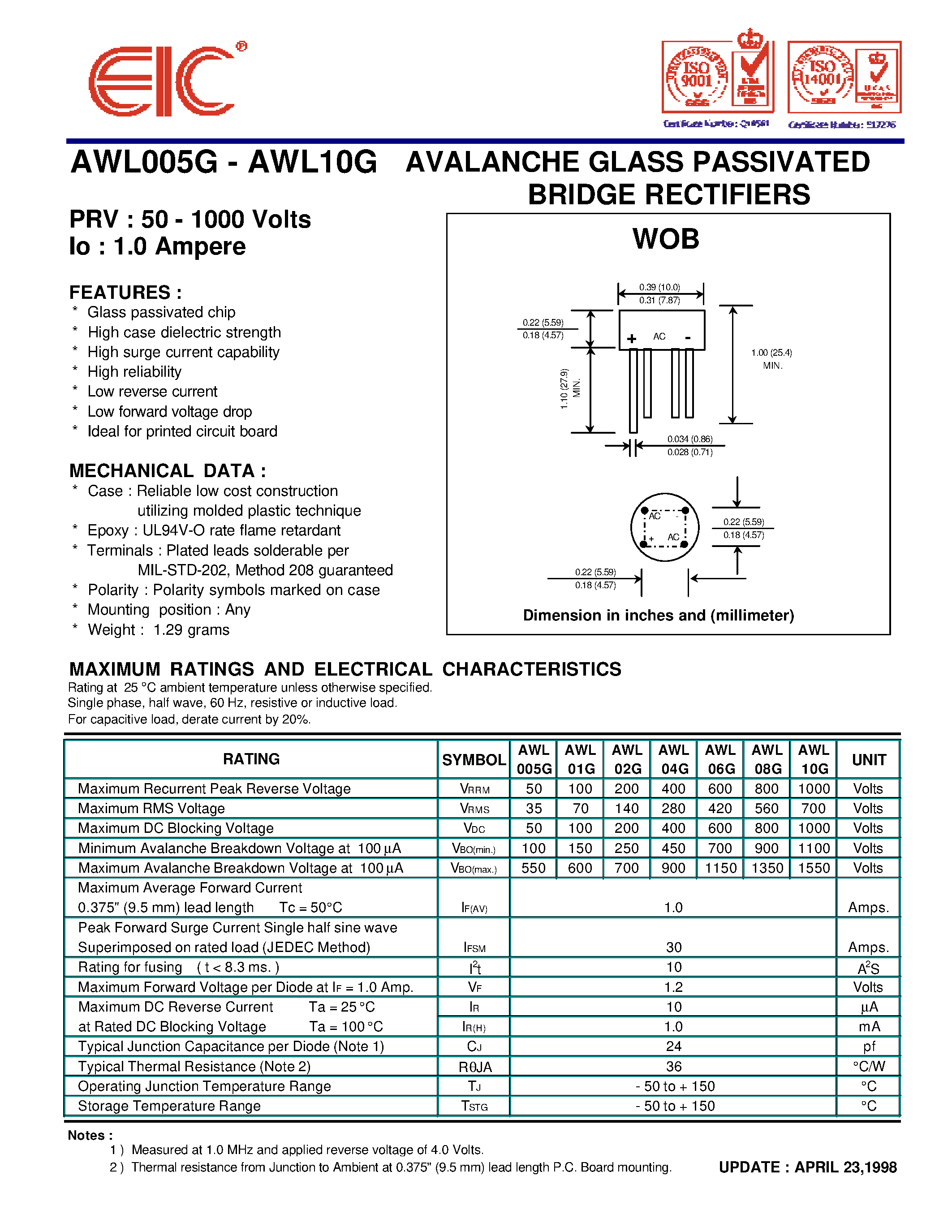 Datasheet AWL02G page 1 Datasheet AWL02G - AVALANCHE GLASS PASSIVATED BRIDGE RECTIFIERS page 1