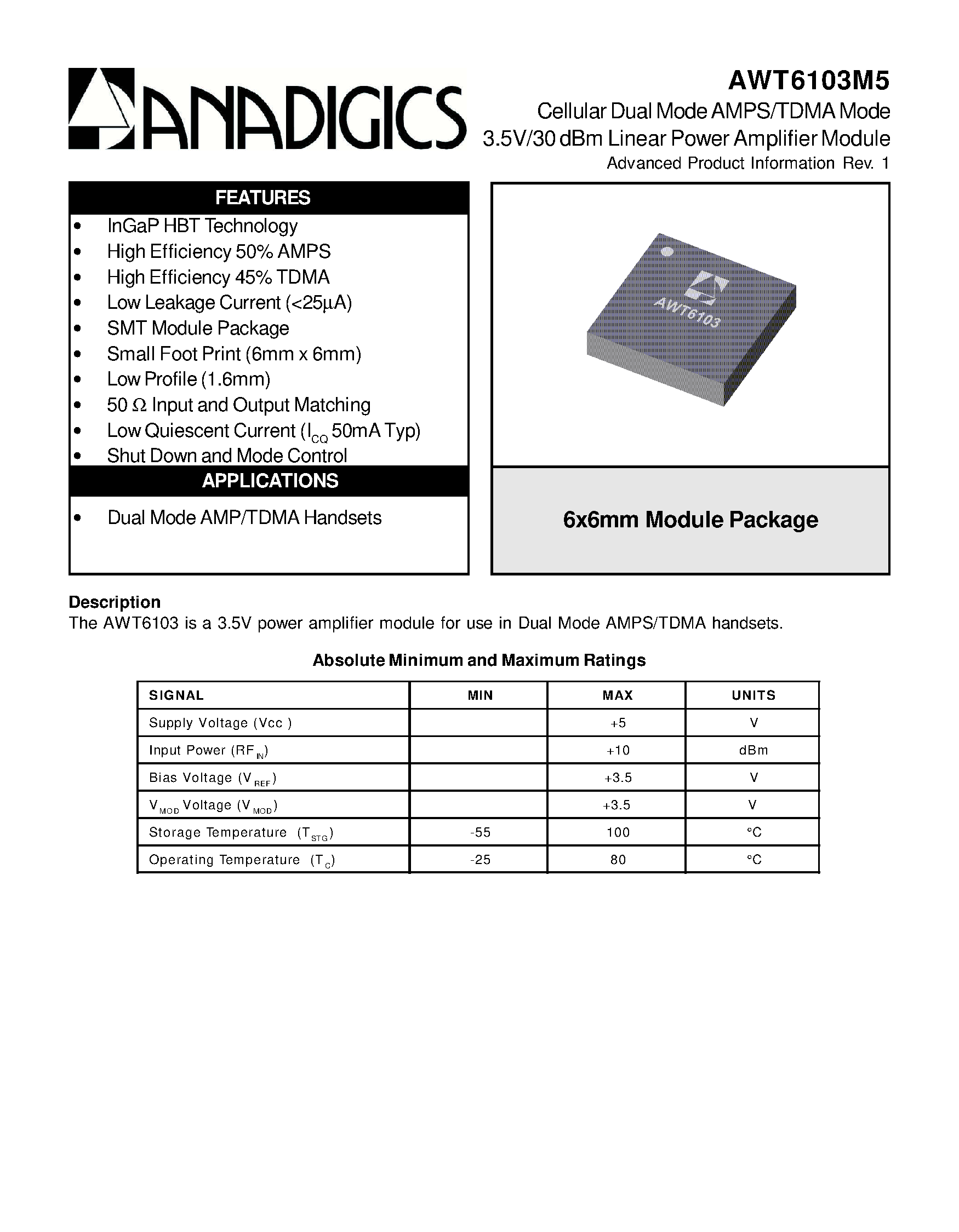 Datasheet AWT6103M5 - Cellular Dual Mode AMPS/TDMA Mode 3.5V/30 dBm Linear Power Amplifier Module page 1